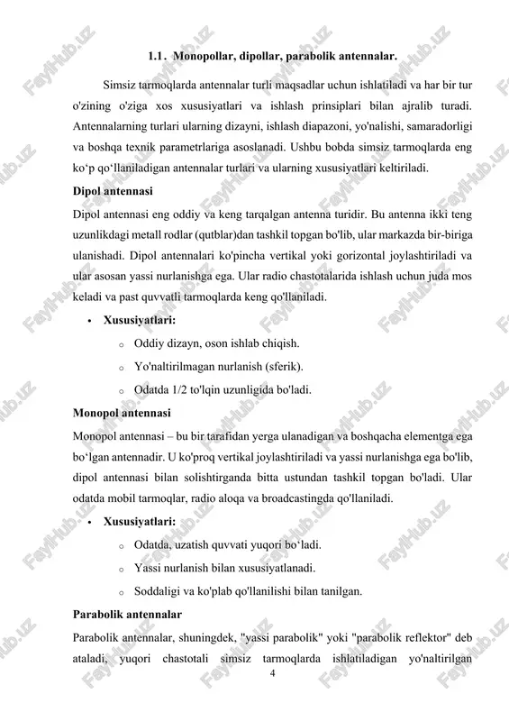 llaniladi. · xususiyatlari: · maxsus yo‘nalishda nurlanish. · uzoq masofalar uchun mo‘ljallangan. · yuksak signalni aniq nuqtalarga yo‘naltiradi. omniyo'naltirilgan (omnidirectional) antennalar omniyo'naltirilgan antennalar – bu har tomonga signal tarqatadigan antennalardir. ular 360 daraja aylantirilgan nurlanishga ega bo'lib, tarmoqning har tarafiga signal uzatish uchun ishlatiladi. bunday antennalar, masalan, wi-fi routerlarida keng tarqalgan. · xususiyatlari: · 360 daraja aylantirilgan nurlanish. · ko‘p yo‘nalishli signal uzatish imkoniyati. · odatda qisqa masofalar uchun ishlatiladi. mimo (multiple input, multiple output) antennalari mimo texnologiyasi bir vaqtning o'zida bir nechta signal uzatish va qabul qilish imkoniyatini beradi. bu turdagi antennalar yuqori tezlikda va samarali signal uzatishda ishlatiladi. mimo tizimlari asosan 4g va 5g tarmoqlarida qo'llaniladi. · xususiyatlari: · bir nechta antennalar orqali signal uzatish va qabul qilish. · yuqori samaradorlik va tarmoqning kengaytirilgan qamrovi. · 4g va 5g tarmoqlarida keng qo‘llaniladi. simsiz tarmoqlarda antennalar turli turlariga ega bo‘lib, har biri o‘zining maxsus ishlash sharoitlari va xususiyatlariga asoslanadi. …