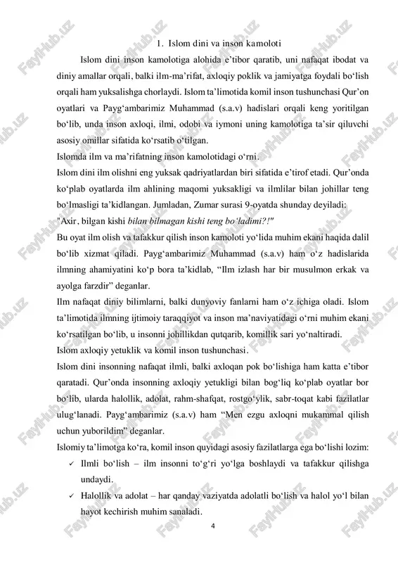 ini rivojlantirishi bilan birga, atrofidagi insonlarga ham foydali bo‘lishi, axloqiy va ijtimoiy jihatdan yetuk jamiyat qurishga hissa qo‘shishi lozim. islom dini inson kamolotiga faqat diniy ibodatlar orqali emas, balki ilm-ma’rifat, axloqiy yetuklik va jamiyatga foydali bo‘lish orqali ham erishilishini targ‘ib qiladi. qur’oni karim va hadislarda insonning komillikka intilishi haqida ko‘plab ta’kidlar bor. sharq mutafakkirlari ham islom dinining ushbu g‘oyalaridan ilhomlanib, o‘z asarlarida ilm, axloq va kamolot haqida chuqur fikrlar bildirganlar. shu sababli, bugungi kunda ham islomning inson tarbiyasidagi o‘rni katta bo‘lib, komil insonni shakllantirishda muhim ahamiyat kasb etadi. 6 2. sharq mutafakkirlarining inson kamolotiga oid gʻoyalari sharq mutafakkirlari o‘z davrlarida ilm-fan, falsafa va axloqiy ta’limotlarni chuqur o‘rgangan holda inson kamoloti haqida muhim fikrlarni ilgari surganlar. ular islom dini va sharq falsafasiga asoslangan holda, insonning ma’naviy-axloqiy yuksalish yo‘llarini belgilab berganlar. ularning asarlari nafaqat o‘z davrida, balki bugungi kunda ham inson shaxsiyatining shakllanishida katta ahamiyatga ega. al-farobiy – "komil inson" va ideal …