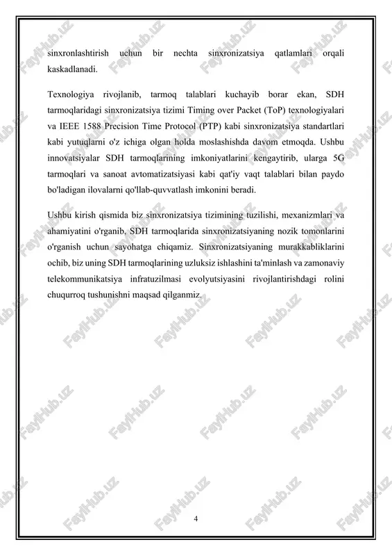 dh tarmoqlaridagi sinxronizatsiya standartlari va protokollari turli tarmoq elementlari va texnologiyalari o'rtasida o'zaro ishlash va muvofiqlikni ta'minlaydi. standartlashtirilgan sinxronizatsiya interfeyslari va vaqtni taqsimlash usullariga rioya qilgan holda, sdh tarmoqlari eski tizimlar bilan muammosiz integratsiyalashishi va rivojlanayotgan texnologiya tendentsiyalariga qarshi kelajakka ishonch hosil qilishi mumkin. 6. normativ hujjatlarga muvofiqlik : nazorat qiluvchi organlar ko'pincha telekommunikatsiya tarmoqlarida, xususan, moliya, sog'liqni saqlash va jamoat xavfsizligi kabi sohalarda sinxronizatsiya aniqligi va ishonchliligi bo'yicha qat'iy talablarni qo'yadi. ushbu tartibga soluvchi standartlarga muvofiqligi sdh tarmoqlarining muhim vazifalarni bajarish uchun zarur bo'lgan qat'iy vaqt talablariga javob berishini va tartibga solish talablariga muvofiqligini ta'minlaydi. aslini olganda, sinxronizatsiya sdh tarmoqlarining asosi bo'lib xizmat qiladi va tarmoq infratuzilmasi bo'ylab ma'lumotlarni uzatishning murakkab raqsini tashkil qilish uchun zarur bo'lgan vaqtinchalik uyg'unlikni ta'minlaydi. sinxronizatsiya tamoyillarini qo'llab-quvvatlagan holda, sdh tarmoqlari o'zlarini zamonaviy telekommunikatsiya ekotizimida ajralmas aktivlar sifatida ko'rsatib, misli ko'rilmagan ishonchlilik, samaradorlik va ishlashni ta'minlaydi. 2. sdhda sinxronizatsiya tizimining tuzilishi va komponentlari sinxron …