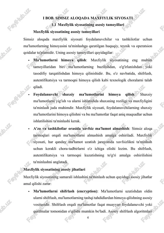rarli faoliyatlarni cheklaydi, xavfsiz aloqa protokollari esa ma'lumotlarni shifrlangan holda uzatishni ta'minlaydi. simsiz aloqada maxfiylikni buzadigan tahdidlar simsiz aloqada maxfiylikni buzadigan va xavf tug'diradigan bir nechta asosiy tahdidlar mavjud: · ochiq tarmoqlar orqali hujumlar: ochiq wi-fi yoki bluetooth tarmoqlarida, ma'lumotlar uzatish osonlik bilan xakerlar tomonidan o'g'irlanishi mumkin. ochiq tarmoqlarda, shifrlashni qo'llamaslik ma'lumotlarning o'zgarishiga yoki o'g'irlanishiga olib kelishi mumkin. · man-in-the-middle (mitm) hujumlari: mitm hujumlari orqali xakerlar foydalanuvchi va tarmoq o'rtasidagi aloqani to'liq nazorat qilishlari mumkin. bu, tarmoqda uzatilayotgan ma'lumotlarni o'zgartirish yoki o'g'irlash imkonini beradi. · denial of service (dos) va distributed denial of service (ddos) hujumlari: bu turdagi hujumlar, tarmoq resurslarini to'ldirib, foydalanuvchilarga ma'lumotlarga kirishni to'xtatish uchun amalga oshiriladi. ddos hujumlari tarmoqdagi serverlarni ishga solib, ma'lumot uzatishning buzilishiga olib kelishi mumkin. maxfiylik siyosatining ahamiyati va amaliy qo'llanilishi maxfiylik siyosatining samarali qo'llanilishi tashkilotlarning simsiz aloqalarda xavfsiz ma'lumot almashish va foydalanuvchi ma'lumotlarini himoya qilish imkoniyatlarini oshiradi. u quyidagi amaliy sohalarda keng qo'llaniladi: …