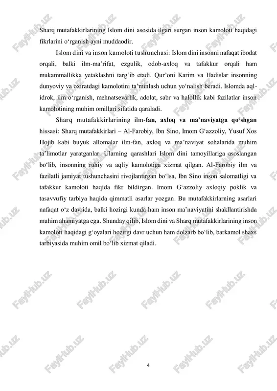 on tushunchasi. al-farobiy insonni eng oliy mavjudot sifatida e’tirof etib, uning mukammallikka erishishi uchun quyidagi omillar muhim ekanini ta’kidlaydi:  ilm va tafakkur – inson har doim bilim olishga intilishi va tafakkur qilishni rivojlantirishi kerak;  axloqiy poklik – nafsni tarbiyalash va yomon xulqlardan tiyilish lozim;  jamiyat uchun foydali bo‘lish – inson yolg‘iz o‘zi mukammallikka erisha olmaydi, u jamiyat bilan hamkorlikda yashashi va foyda keltirishi lozim;  donolik va adolat – har bir inson o‘z hayotida oqilona qaror qabul qilish va adolat mezonlariga amal qilishni o‘rganishi lozim. 6 al-farobiy fikricha, barkamol inson – bu nafaqat ilm va hunarni egallagan shaxs, balki o‘z axloqiy fazilatlari bilan ham jamiyatga xizmat qiladigan yetuk shaxsdir. al-farobiy ta’limotining bugungi kundagi ahamiyati al-farobiyning "fozil shahar" va barkamol inson haqidagi g‘oyalari bugungi kunda ham o‘z dolzarbligini yo‘qotmagan. uning fikricha, har bir jamiyat ilm-ma’rifat va adolat asosida qurilishi kerak. shu bilan birga, insonning kamolga yetishi shaxsiy intilishlar …