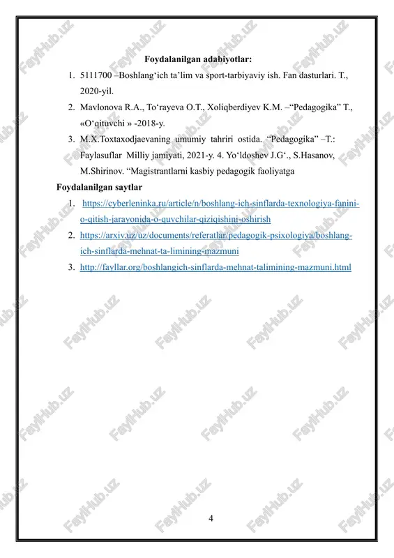 vchi » -2018-y. 3. m.x.toxtaxodjaevaning umumiy tahriri ostida. “pedagogika” –t.: faylasuflar milliy jamiyati, 2021-y. 4. yo‘ldoshev j.g‘., s.hasanov, m.shirinov. “magistrantlarni kasbiy pedagogik faoliyatga foydalanilgan saytlar 1. https://cyberleninka.ru/article/n/boshlang-ich-sinflarda-texnologiya-fanini-o-qitish-jarayonida-o-quvchilar-qiziqishini-oshirish 2. https://arxiv.uz/uz/documents/referatlar/pedagogik-psixologiya/boshlang-ich-sinflarda-mehnat-ta-limining-mazmuni 3. http://fayllar.org/boshlangich-sinflarda-mehnat-talimining-mazmuni.html 1 1 tezis mavzusi: boshlangich ta'limda texnalogya fanning mazmuni sobirova n avro'za chirchiq davlat pedagogika universiteti boshlang ’ ich ta ’ lim fakulteti 1 - kurs talabasi anatatsiya: boshlang'ich ta'lim jarayonida texnologiya fanining mazmuni bugungi kunda juda keng qamrovli bo'lib, uning ahamiyati va o'ziga xos s ifatlarini o'rganishga zarurat sezilmoqda. bu tezisda, boshlang'ich ta'limdagi texnologiya fannini muhokama qilish va ta'lim jarayonidagi roli keltirilib, uning o'quvchi va o'qituvchilar uchun muhimligi ko'rsatilib, yangi texnologiyalarning o'qitish usulla ri va ta'limning mustaqil o'rganishni o'rganish bo'ysunishlarini aniqlash uchun qisqa ilovalar taqdim etiladi. bu tezis, boshlang'ich ta'limdagi texnologiya fanining taraqqiyotini va uning o'qitish usullaridagi o'zgarishlarni ta'kidlaydi. kalit so ’ zl ar: boshlang'ich ta'lim , texnologiya fanlari , mazmuni , ta'lim , jarayoni , o'quvchi va …