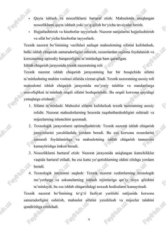 limi: tayyor mahsulot nazorati bo‘limi ishlab chiqarilgan mahsulotlarning yakuniy sifatini tekshiradi. bu bo‘lim mahsulotlarni texnik shartlar va davlat standartlari asosida sinovdan o‘tkazadi, qadoqlashdan oldin ularning muvofiqligini tasdiqlaydi. ushbu jarayon sifatni kafolatlaydi va mijozlarning talablariga javob beradigan mahsulot ishlab chiqarishni ta’minlaydi. sinov va o‘lchov laboratoriyasi: texnik-nazorat bo‘limida sinov va o‘lchov laboratoriyasi bo‘lib, u mahsulot sifatini tahlil qilish uchun kerakli sinovlarni o‘tkazadi. ushbu laboratoriyada xomashyo, oraliq va tayyor mahsulotlarga mexanik, fizik, kimyoviy sinovlar o‘tkazilib, ularning talablarga muvofiqligi aniqlanadi. hujjatlashtirish va hisobot bo‘limi: ushbu bo‘lim texnik hujjatlarni yuritish va nazorat natijalarini hujjatlashtirish bilan shug‘ullanadi. bo‘lim mahsulotlar sifatiga oid hisobotlar tayyorlaydi, qayta ishlash yoki nosoz mahsulotlarni bartaraf etish bo‘yicha tavsiyalar beradi va sinov natijalarini yozib boradi. texnik-nazorat bo‘limining boshlig‘i bo‘lim faoliyatini boshqaradi va uning samaradorligini nazorat qiladi. u bo‘limning umumiy rejasi, maqsadlari va vazifalarini belgilaydi, xodimlarning ishini koordinatsiya qiladi hamda ishlab chiqarishdagi sifat talablariga muvofiqlikni ta’minlash uchun javob beradi. texnik-nazorat bo‘limining tuzilmasi korxonada ishlab …
