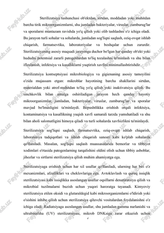 inatsiya va sog'liqni saqlash bilan bog'liq patogenlar tarqalishining oldini olish uchun qattiq sterilizatsiya protseduralaridan o'tishi kerak. xuddi shunday oziq-ovqat sanoatida sterilizatsiya oziq-ovqat mahsulotlarining xavfsizligi va sifatini saqlash, saqlash muddatini uzaytirish va iste'molchilarni oziq-ovqat yuqadigan kasalliklardan himoya qilishda muhim rol o'ynaydi. sterilizatsiya tushunchasi issiqlik, kimyoviy va radiatsiyaviy sterilizatsiya kabi an'anaviy usullardan tashqariga chiqadi. rivojlanayotgan texnologiyalar, jumladan, plazma sterilizatsiyasi, superkritik suyuqlik sterilizatsiyasi va ilg'or filtrlash usullari samaradorlik, xavfsizlik va ekologik barqarorlikni oshirish bilan mikrobial nazoratga erishish uchun innovatsion yondashuvlarni taklif etadi. aslini olganda, sterilizatsiya turli sohalardagi mahsulotlar, jarayonlar va atrof-muhitning yaxlitligi va xavfsizligini ta'minlab, infektsiyani nazorat qilish, aholi salomatligi va sifatni ta'minlashning asosi bo'lib xizmat qiladi. sterilizatsiya kontseptsiyasini va uning turli usullarini tushunish tartibga soluvchi standartlarga rioya qilishni ta'minlash, xavflarni kamaytirish va shaxslar va jamoalar farovonligini oshirish uchun juda muhimdir. 2. sterilizatsiya jarayonlarini tekshirish va nazorat qilish sterilizatsiya jarayonlarini tekshirish va nazorat qilish sterilizatsiya protseduralarining samaradorligi va ishonchliligini ta'minlashning muhim tarkibiy qismidir. …