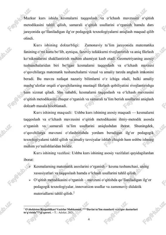 geometriyada kesma tushunchasi asosiy elementlardan biri hisoblanadi. kesma — tekislik yoki fazodagi ikkita nuqtani tutashtiruvchi eng qisqa yo‘l bo‘lib, u to‘g‘ri chiziqning bir qismi sifatida qaraladi. kesmaning har ikki uchi chegaralangan bo‘lib, bu uni to‘g‘ri chiziqdan farqlaydi. kesmaning asosiy xususiyatlari:  chegaralangan uzunlikka ega bo‘lishi – kesmaning uzunligi aniq bo‘lib, uni turli birliklarda (millimetr, santimetr, metr va h.k.) o‘lchash mumkin.  ikki uch nuqtaga ega bo‘lishi – kesma faqat ikkita uch nuqtadan iborat bo‘lib, bu nuqtalar uning chegaralarini belgilaydi. agar kesmani ab deb belgilasak, u holda a va b nuqtalari kesmaning uchlari hisoblanadi.  kesmani o‘lchash va taqqoslash imkoniyati – kesma uzunligini turli usullar orqali o‘lchash va boshqa kesmalar bilan taqqoslash mumkin.  to‘g‘ri chiziqning bir qismi ekanligi – har qanday kesma to‘g‘ri chiziqning qismidir, ammo uning ikki tomoni chegaralangan.  kesmalarning qo‘shilishi va ayirilishi mumkin – agar ikki kesma bir-biriga bog‘langan bo‘lsa, ularning uzunliklari yig‘indisi umumiy kesma uzunligiga teng …