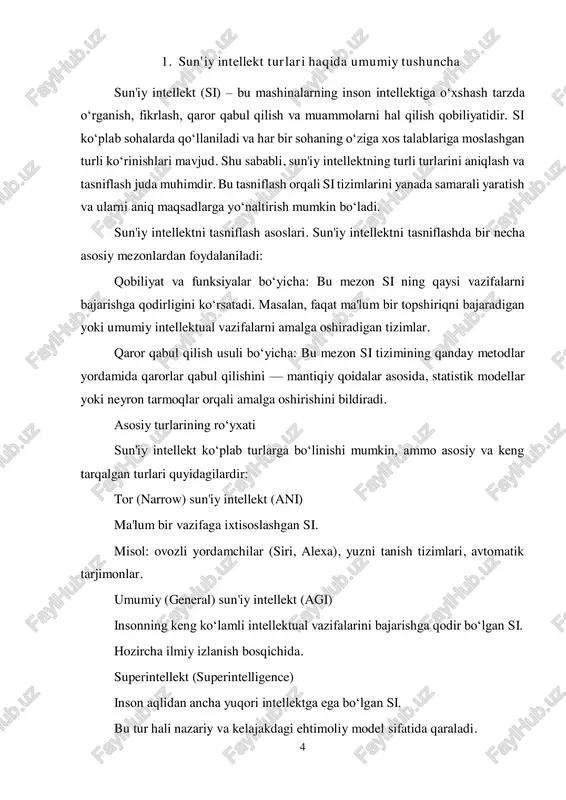 tellekt tor si ning ta'rifi va xususiyatlari: tor (yoki narrow) sun'iy intellekt — bu ma'lum bir vazifaga yoki cheklangan sohalarga ixtisoslashgan sun'iy intellekt turi. u faqat o‘ziga berilgan aniq topshiriqni bajarishga mo‘ljallangan bo‘lib, o‘sha vazifa doirasidan tashqariga chiqolmaydi. tor si insonning ayrim intellektual qobiliyatlarini, masalan, tilni qayta ishlash, tasvirni tanish yoki ma'lumotlarni tahlil qilish kabi aniq funksiyalarni bajaradi. u keng ko‘lamli fikrlash yoki turli sohalarda o‘z-o‘zini rivojlantira olish qobiliyatiga ega emas. tor si ning asosiy xususiyatlari quyidagilar: maxsus vazifaga ixtisoslashganligi belgilangan doirada yuqori samaradorlik o‘rganish qobiliyati faqat o‘z sohasi doirasida insonning umumiy intellektual qobiliyatlaridan farqli ravishda cheklangan funksionallik tor sun'iy intellekt — bu ma'lum bir vazifaga yoki cheklangan soha doirasiga ixtisoslashgan sun'iy intellekt turi. u faqat aniq belgilangan topshiriqlarni bajarishga mo‘ljallangan bo‘lib, ushbu vazifa doirasidan tashqariga chiqmaydi. tor si insonning umumiy intellektual qobiliyatlari emas, balki faqat ayrim maxsus vazifalarini, masalan, matnni tushunish, yuzni tanish, ovozli buyruqlarni bajarish kabi funktsiyalarni amalga …