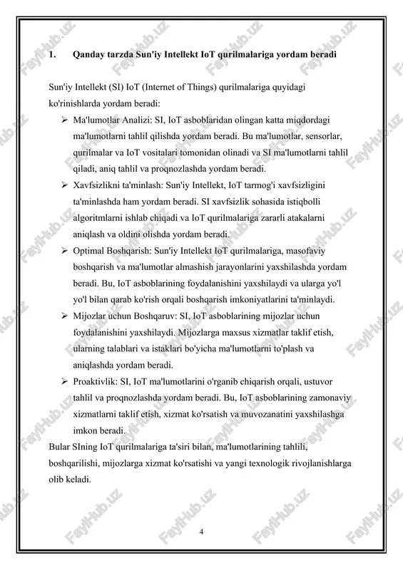 anligini ta'minlash uchun maxfiylik sohasidagi qo'llanmalar va qoidalarni taqdim etadi. holat analizi va taqinchoqlar: si, iot ma'lumotlarini monitor qiladi va taqinchoqlarni aniqlab chiqish uchun ma'lumotlar analizini amalga oshiradi. bundan keyin, yangi xavfsizlik taqinchoqlariga tez reaksiya ko'rsatish uchun avtomatlashtirilgan jarayonlar ishga tushiriladi. si va iot, xavfsizlik va maxfiylik sohasida ko'plab qo'llanmalar va texnologik yondashuvlar taklif etadi. bu qo'llanmalar va uskunalar, ma'lumotlarning himoyalanganligini ta'minlash va potentsial xavf va taqinchoqlarga tez reaksiya ko'rsatishda muhim rol o'ynaydi. 3. si va iot qurilmalari mijozlarga qanday o'zgarishlar keltiradi va ularning hayotini qanday osonlashtiradi? sun'iy intellekt (si) va internet of things (iot) qurilmalari, mijozlarga quyidagi o'zgarishlar keltiradi va ularning hayotini osonlashtiradi: tajribani individuallash: · si va iot, mijozlarga moslashtirilgan shaxsiy xizmatlar taklif etish imkoniyatini beradi. ma'lumotlar, mijozlar tomonidan tanlangan va talab etilgan xizmatlarni amalga oshirish uchun foydalaniladi. avvalgi bilimga qaraganda arzonlashish: · iot, mahsulotlar va xizmatlarni avvalgi vaqtlarga nisbatan arzonlashtiradi. iot qurilmalari, avtomatlashtirilgan jarayonlardan foydalanib, ehtiyotkorlikni kamaytirish …