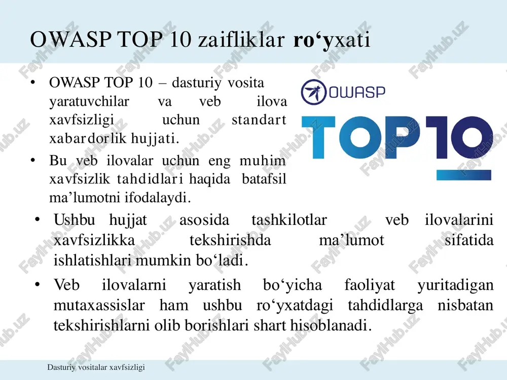 tmlardan foydalanishi mumkin. bundan hollarda: • buzg‘unchi himoyalanmagan kanal orqali sessiya ma’lumotlarini olishi va uning yordamida foydalanuvchi sessiyasini o‘g‘rilashi mumkin. dasturiy vositalar xavfsizligi a03:2021 – injection – ineksiya ilova quyidagi holatlarda hujumlarga zaif hisoblanadi: • foydalanuvchi tomonidan taqdim etilgan ma’lumotlar ilova tomonidan tekshirilmagan, filtirlanmagan va tozalanmaganda; • interpritatorda dinamik so‘rovlar yoki konteksdan xabardor bo‘lmagan parametrsiz chaqiruvlar bevosita qo‘llanilganida; • buzg‘unchi ma’lumotlar bevosita ishlatiladi yoki foydalanuvchi ma’lumotiga birlashtirilganida. dasturiy vositalar xavfsizligi a03:2021 – injection – ineksiya himoya: interpritatordan foydalanish; foydalanish o‘rniga xafsiz api-dan server tomonida mos kirishni tekshirishni amalga oshirish; ixtiyoriy dinamik so‘rovlarda maxsus belgilarni bo‘lishini oldini oling; sql ineksiya holatida ma’lumotlarni ommaviy oshkor etilishini oldini olish uchun limit yoki boshqa sql boshqaruvlaridan foydalanish. dasturiy vositalar xavfsizligi a03:2021 – injection – hujum ineksiyalari №1. quyidagi sql chaqiruvchi orqali ineksiyani amalga oshirish mumkin: • string query = "select \* from accounts where custid='" + request.getparameter("id") + "'"; №2. yuqoridagi kabi, fremworklarda ham …