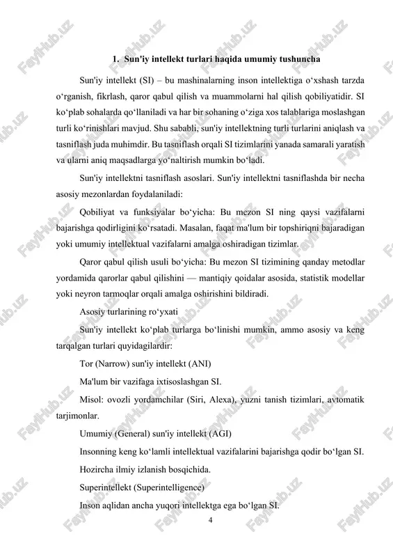 si ning ta'rifi va xususiyatlari: tor (yoki narrow) sun'iy intellekt — bu ma'lum bir vazifaga yoki cheklangan sohalarga ixtisoslashgan sun'iy intellekt turi. u faqat o‘ziga berilgan aniq topshiriqni bajarishga mo‘ljallangan bo‘lib, o‘sha vazifa doirasidan tashqariga chiqolmaydi. tor si insonning ayrim intellektual qobiliyatlarini, masalan, tilni qayta ishlash, tasvirni tanish yoki ma'lumotlarni tahlil qilish kabi aniq funksiyalarni bajaradi. u keng ko‘lamli fikrlash yoki turli sohalarda o‘z-o‘zini rivojlantira olish qobiliyatiga ega emas. tor si ning asosiy xususiyatlari quyidagilar: maxsus vazifaga ixtisoslashganligi belgilangan doirada yuqori samaradorlik o‘rganish qobiliyati faqat o‘z sohasi doirasida insonning umumiy intellektual qobiliyatlaridan farqli ravishda cheklangan funksionallik tor sun'iy intellekt — bu ma'lum bir vazifaga yoki cheklangan soha doirasiga ixtisoslashgan sun'iy intellekt turi. u faqat aniq belgilangan topshiriqlarni bajarishga mo‘ljallangan bo‘lib, ushbu vazifa doirasidan tashqariga chiqmaydi. tor si insonning umumiy intellektual qobiliyatlari emas, balki faqat ayrim maxsus vazifalarini, masalan, matnni tushunish, yuzni tanish, ovozli buyruqlarni bajarish kabi funktsiyalarni amalga oshiradi. tor …
