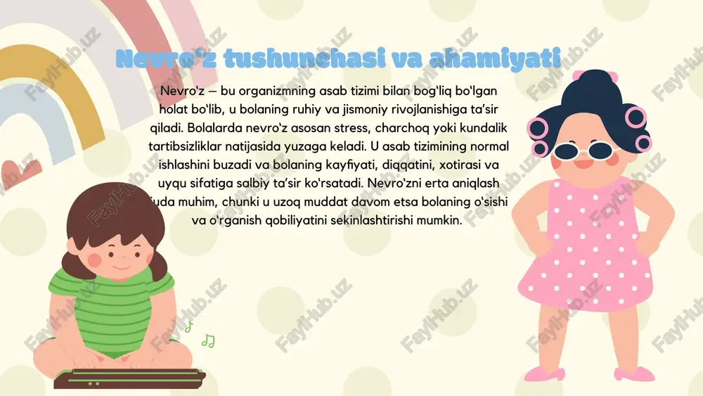 , xavf omillarini kamaytirish va oldini olish choralarini ko‘rish bola sog‘lom rivojlanishining muhim sharti hisoblanadi. nevro‘z – bu bolalarda asab tizimi bilan bog‘liq bo‘lgan holat bo‘lib, u ruhiy va jismoniy rivojlanishga salbiy ta’sir ko‘rsatishi mumkin. u stress, charchoq, noto‘g‘ri ovqatlanish, uyqu yetishmasligi, oilaviy va atrof-muhit omillari natijasida paydo bo‘ladi. bolalarda nevro‘z emotsional beqarorlik, uyqu buzilishi, diqqat va xotira bilan bog‘liq qiyinchiliklar, ijtimoiy va psixologik muammolar bilan namoyon bo‘ladi. shu sababli, pedagoglar va ota-onalar bolada nevro‘z xavf omillarini aniqlash, ularni kamaytirish va oldini olish choralarini ko‘rishlari muhimdir. mehnat, o‘yin, dam olish, to‘g‘ri ovqatlanish, yetarli uyqu va stressni boshqarish usullari nevro‘zning oldini olishda asosiy vositalardir. umuman olganda, nevro‘zning oldini olish va uni nazorat qilish bolalarning sog‘lom rivojlanishi, ruhiy barqarorligi va ijtimoiy ko‘nikmalarini mustahkamlashga yordam beradi. xulosa axunova, g. “maktabgacha yoshdagi bolalar fiziologiyasi va gigiyenasi”, toshkent, 2019. karimov, sh. “bolalar salomatligi va asab tizimi”, toshkent, 2020. zokirova, l. “maktabgacha yoshdagi bolalarning psixofiziologiyasi”, samarkand, …