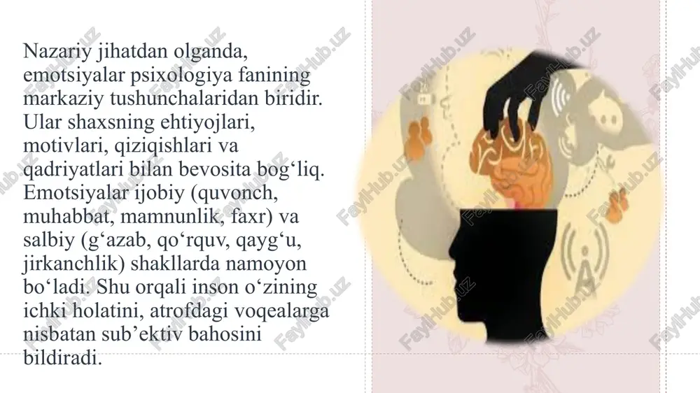 (masalan, hayrat, g‘azab, quvonch) yoki uzoq muddatli (masalan, kayfiyat, depressiya, tinchlik) bo‘lishi mumkin. 11 emotsional holat organizmning fiziologik jarayonlari bilan uzviy bog‘liq. masalan, stress paytida yurak urishi tezlashadi, qon bosimi oshadi, mushaklar taranglashadi. quvonch holatida esa, aksincha, mushaklar bo‘shashadi, nafas olish sekinlashadi, yuz ifodasi yumshaydi. bu holatlar markaziy nerv tizimi, ayniqsa, limbik tizim va gipotalamus faoliyati orqali boshqariladi. insonning emotsional holatini belgilovchi omillar turlicha bo‘lishi mumkin. ular ichki (temperament, xarakter, sog‘liq holati, tajriba) va tashqi (ijtimoiy muhit, muloqot, hayotiy vaziyatlar) omillar bilan aniqlanadi. har bir insonda bu omillar o‘ziga xos tarzda uyg‘unlashadi va natijada shaxsga xos emotsional reaksiya shakllanadi. 12 emotsional holat doimiy barqarorlikda bo‘lavermaydi. inson hayotida stress, affekt, frustratsiya kabi keskin emotsional holatlar yuzaga keladi. stress — bu tashqi bosim yoki xavfga organizmning himoya javobidir. affekt — juda kuchli, qisqa muddatli va boshqarib bo‘lmaydigan emotsional portlashdir (masalan, haddan tashqari g‘azab yoki qo‘rquv). frustratsiya esa maqsadga erisholmaslik oqibatida paydo bo‘ladigan …