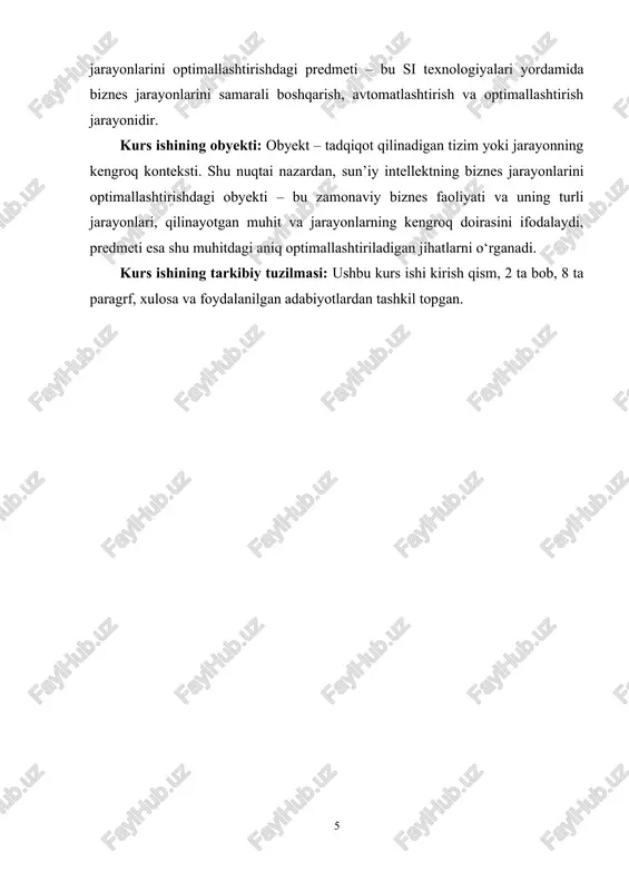 ishlaridan biri sifatida iqtisodiyot, biznes, ta’lim, sog‘liqni saqlash va boshqa sohalarda keng qo‘llanilmoqda. sun’iy intellekt tushunchasi dastlab inson aqlining ba’zi funksiyalarini kompyuter tizimlari yordamida amalga oshirish qobiliyati sifatida tavsiflangan. ai tizimlari o‘rganish, tahlil qilish, qaror qabul qilish va muammolarni hal qilish kabi vazifalarni bajarish imkoniyatiga ega. shu sababli, sun’iy intellektning asosiy vazifalari inson ish faoliyatini avtomatlashtirish va jarayonlarni optimallashtirishdan iborat. ai texnologiyalari yordamida murakkab ma’lumotlar tahlili, inson resurslarini boshqarish, marketing strategiyalarini ishlab chiqish va boshqa biznes jarayonlar yanada samarali amalga oshiriladi. sun’iy intellektning asosiy texnologiyalari ko‘plab yo‘nalishlardan iborat bo‘lib, ular orasida mashinani o‘rganish (machine learning), tabiiy tilni qayta ishlash (natural language processing), kompyuter ko‘rish (computer vision), ekspert tizimlar va robototexnika alohida ahamiyatga ega. mashinani o‘rganish texnologiyalari ma’lumotlarni tahlil qilish va prognoz qilishga imkon beradi, bu esa biznes qarorlarini tez va aniq qabul qilishga yordam beradi. masalan, savdo tahlili, mijoz xatti-harakatlarini prognoz qilish va talabni aniqlashda mashinani o‘rganish tizimlari samarali ishlatiladi. …