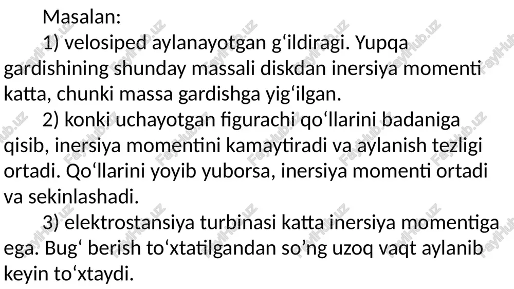 a xavfdir. savollar: 1) smartfonga fizik hujumni (giroskopni ishlatganda) qayerdan bilsa boʻladi? − harakat miqdori momenti oʻzgarishidan. 2) qurilmaning qaysi elementi harakat miqdori momentini saqlashga asoslangan? − giroskop (tashqi moment yoʻqligida oʻq aylanish yoʻnalishini saqlovchi qurilma). 3) agar inersiya momenti kamaysa (harakat miqdori momenti oʻzgarmagan holda), u holda yoʻldosh (sputnik) burchak tezligi bilan nima sodir boʻladi? − burchak tezlik ortadi. glossariy: 1) side-channel attack – vibratsiya hosil qilib, tok, nur yordamida hujum qilish. 2) kvantli spin – kvant zarrachasining ichki harakat miqdori momenti. 3) invariantlik – fizik miqdorning oʻzgarmasdan qolish xossasi. 4) yopiq sistema – tashqi ta’sirga (kuch, momentga) uchramaydigan sistema. qattiq jism aylanma harakati dinamikasining asosiy qonuni qattiq jism, masalan maxovik, qattiq disk, dvigatel rotori aylanma harakat qiladi. aylanma harakat dinamikasining asosiy qonuni aylanayotgan sistema uchun nyuton ii qonunining analogi. avval oʻtganimizdek qattiq jism aylanganida kuchning oʻzi emas kuch momenti asosiy roʻl oʻynaydi. , [m]=n·m inersiya momenti bu yerda …
