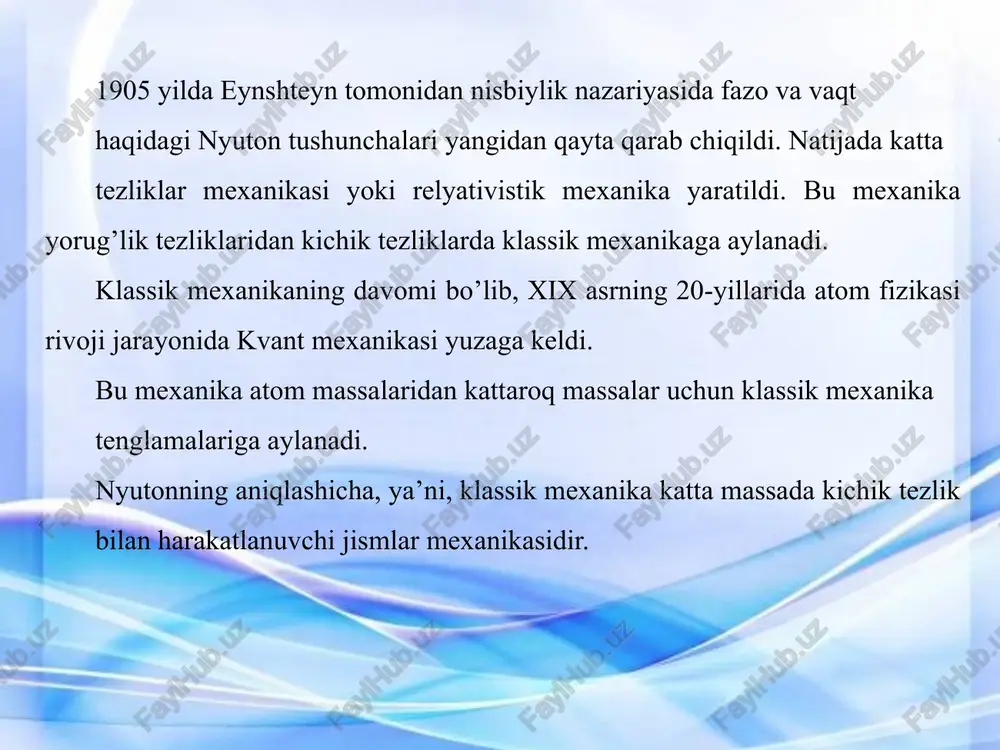iladi. ipga har-xil yuklar osish bilan harakatni yuzaga keltirgan kuchni o’zgartirish mumkin. agar purjina (ipi) ning tarangligi o’zgarmasa, aravacha tekis tezlanishda harakatlanadi va tezlanish a,  kuchga proporsional bo’ladi. nyutonning uchinchi qonuni impuls nyuton 2-qonuni tenglamasidan: impulsning saqlanish qonuni noinersial sanoq sistemalar inersiya kuchlari image2.jpeg image3.png image4.png image5.png image6.png image7.png image8.png image9.png image10.png image11.gif image12.png image13.jpeg image14.png image15.png image16.png image17.png image18.png image19.png /docprops/thumbnail.jpeg