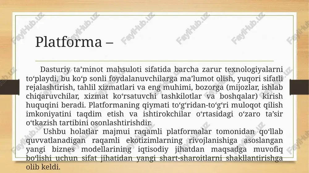 olda, raqamli platformalarning ajralib turadigan turlari ierarxiyani shakllantirishi mumkin, bunda raqamli raqamli platformalar infratuzilmaning raqamli platformalari ekotizimlariga kiritilgan va raqamli platformalar infratuzilma, o‘z navbatida, iqtisodiyotning turli sohalarida qo‘llaniladigan raqamli platformalarning ishlashini ta’minlaydi. (). 2.-rasm. misollar bilan raqamli platformalar turi ierarxiyasi raqamli platformalar ierarxiyasi instrumental raqamli platformalar ma’lumotlarni yakuniy raqamli qayta ishlash texnologiyalariga asoslangan dasturiy-texnik va dasturiy yechimlarni ishlab chiqarish xarajatlarini kamaytirish hisobiga raqamli iqtisodiyotga va uning samaradorligiga hissa qo‘shadi. platforma ishtirokchilari va platformaga ulangan ma’lumotlar manbalari o‘rtasida o‘zaro ta’sir o‘tkazish uchun yagona axborot muhiti bo‘lgan infratuzilma va amaliy raqamli platformalar tranzaktsion xarajatlarni kamaytirish orqali raqamli iqtisodiyotga o‘z hissalarini qo‘shadilar. platformalarning raqamli iqtisodiyotga ta’siri image5.png image6.png image7.jpg image8.jpg image3.png image4.png /docprops/thumbnail.jpeg