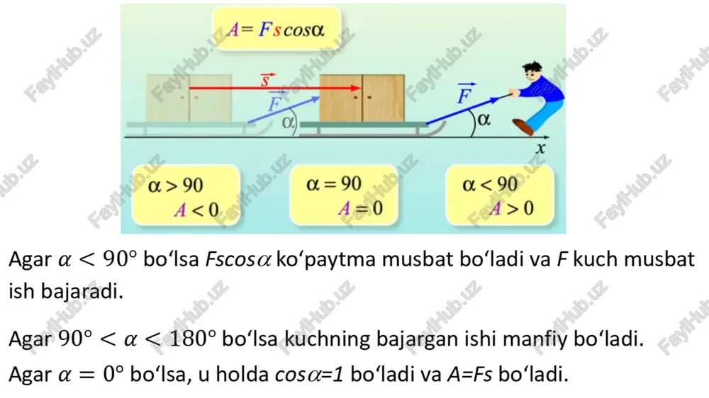 ar – kuch ta’sirida mexanik energiyaning bir qismi energiyaning boshqa turlariga aylanib ketadi. masalan: issiqlik, ichki, akustik va h.k. bunday kuchlar bajargan ish yoʻlga bogʻliq va yopiq konturda , mexanik energiya saqlanish qonuni bajarilmaydi: ek+ep=const-ayoʻqolish misollar. 1) sirpanish ishqalanish kuchi ta’sirida jism sirt boʻylab sirpanadi, bir qism energiya issiqlikka aylanadi. 2) havo yoki suyuqlikdagi yopishqoqlik kuchi ta’sirida tomchi yogʻadi, havoda dron harakat qiladi. bunda bir qism energiya issiqlikka aylanadi, tovush toʻlqinlari energiyasiga aylanadi. 3) jism ichki ishqalanish kuchi hisobiga elastik tebranish yuz beradi, bunda bir qism energiya ichki energiyaga aylanadi. 4) elektrodvigatelni tormozlaganda qarshilik kuchi robotni tormozlaydi, bunda qism energiya issiqlikka aylanadi, elektromagnit yoʻqolishlarga sarf boʻladi. robotexnikada konservativ kuch ishlatgan foydali (energiya yoʻqolishi bunda minimum). tormozlovchi sistemalar va amortizatorlarda energiyani yutish uchun dissipativ kuchlar ishlatiladi. gibrid servomexanizmlarda ikkala kuch aralash ishlatiladi: potensial (konservativ kuchlar) – elastiklik, sistemani oʻz holiga qaytarishda ishlatiladi, dissipativ kuchlar stabilizatsiya qilish uchun ishlatiladi. 5. kinetik va …