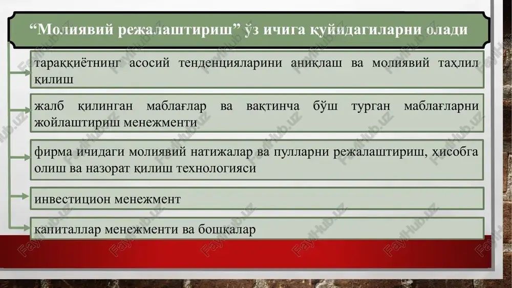 sitalari yotgan dasturli-maqsadli yondashuvdan foydalanadigan moliyaviy rejalashtirishning metodi sifatida moliyaviy dasturlashtirish quyidagilarning bo'lishini ko'zda tutadi yo'nalishlar bo'yicha davlat xarajatlarining ustuvorlarini belgilash (o'rnatish) davlat mablag'lari sarflanishining samaradorligini oshirish muqobil variantning tanlanishiga muvofiq ravishda moliyalashtirishni to'xtatish sotsial-iqtisodiy jarayonlarga davlatning ta'siri quyidagi maqsadlar uchun zarur hayotiy faoliyatning umumiy sharoitlarini va iqtisodiy qarorlarning amalga oshirilish asoslarini ta'minlash (xavfsizlikni ta'minlash, mulkka egalik huquqini himoyalash va shaxsning erkin rivojlanishini ta'minlashga qaratilgan huquqiy rejimni o'rnatish, samarali raqobatni qo'llab-quvvatlash va rivojlantirish) resurslarning sotsial yo'naltirilgan qayta taqsimlanishini amalga oshirish (davlat jamiyatga kerak bo'ladigan, lekin u bilan xususiy sektor shug'ullanmaydigan ishlab chiqarishni tashkil qilishi, ish haqi, pensiyalar, nafaqalarning minimal darajasini kafolatlashi, ijtimoiy himoyaga muhtojlarga yordam berish) barqarorlashtiruvchi tadbirlarni amalga oshirish (davlat iqtisodiy o'sishning sur'atlarini, inflyatsiya va bandlik darajasini tartibga solish, iqtisodiyotning tarmoq va mintaqaviy tuzilmasidagi ijobiy o'zgarishlarni rag'batlantirishi, tashqi iqtisodiy muvozanatni va milliy valyutaning kursini qo'llab-quvvatlashi) bozor xo'jaligining moliyaviy regulyatorlari (tartibga soluvchilari) byudjetga soliqli va nosoliqli to'lovlar umumiy va maqsadli …