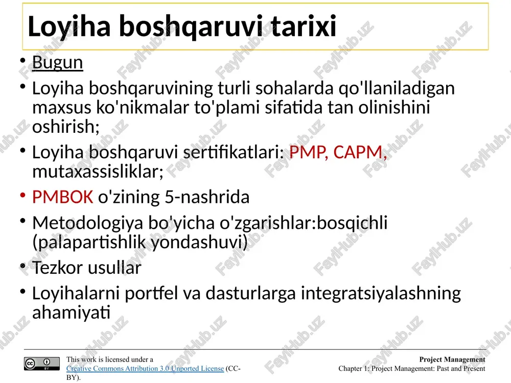 ) o'qlar faqat jarayonning tartibini ko'rsatadi. (c) qadam raqamlarini tarmoq ichida qayta-qayta ishlatib bo'lmaydi. (d) butun tarmoq bitta boshlang'ich va bitta tugatish nuqtasiga ega. 2) aon(activity on node) boshlanish 0 poyezd chiptasini olish. 1 chiptani topshirish. 2 poyezd yetib kelishi. finish poyezdga chiqish. 1 poyezd chiptasini olish. 2 poyezd yetib kelishi. 3 chiptani topshirish. 4 poyezdga chiqish. aoa network aon network ‹#›/24 2. vazifani bajarish uchun zarur bo'lgan vaqtni baholash vaqtni ehtimoliy baholash (pert) va deterministik vaqtni baholash (cpm) ehtimoliy vaqtni baholash o'zgarish imkoniyatini o'z ichiga oladi eng uzoq ishlov berish vaqtini talab qiladigan yo'lni topish uchun vazifa tarmog'ini sozlash. jarayon yo'li: faoliyatning boshlang'ich nuqtasidan yakuniy faoliyat nuqtasigacha bo'lgan bir qator ish faoliyati. kritik yo'l: har bir jarayon yo'li orasida eng uzoq vaqt talab qiladigan yo'l. pert: vaqtni ehtimoliy taqsimlashdan foydalanish cpm: xarajatga asoslangan tahlil gantt chart 30 dan ortiq faoliyatga ega loyihalarda foydalanish qiyin. bu muhim jarayonlarning haqiqatda bajarilishini …