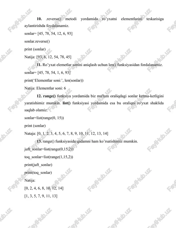 ’, ‘v’, ‘d’, ‘e’, ‘z’, ‘p’] ro’yxati elementlarini teskari tartibida chiqarish dasturi tuzilsin. masala 11. harflar=[‘f’, ‘v’, ‘d’, ‘e’, ‘z’, ‘p’] ro’yxati elementlarini .sorted() metodidan foydalanib teskari tartibida chiqarish dasturi tuzilsin. masala 12. meva=[‘anor’, ‘nok’, ‘olcha’, ‘olma’] ro’yxati elementlarini alifbo tartibida chiqarish dasturi tuzilsin. masala 13. harflar=[‘f’, ‘v’, ‘d’, ‘e’, ‘z’, ‘p’] ro’yxati elementlari sonini aniqlash dasturi tuzilsin. masala 14. (2, 25) oraliqdan bo’lgan ro’yxatni tashkil etish dasturi tuzilsin. masala 15. (2, 25) oraliqdan 3 qadam bilan ro’yxatni bilan tashkil etish dasturi tuzilsin. masala 16. (13, 34) oraliqdan 5 qadam bilan ro’yxatni bilan tashkil etish dasturi tuzilsin. masala 17. sonlar=[23, 4, 56, 12, 86, 231] ro’yxatini elementlaridan eng kattasini topish dasturi tuzilsin. masala 18. sonlar=[23, 4, 56, 12, 86, 231] ro’yxatini elementlaridan eng kichigini topish dasturi tuzilsin. masala 19. sonlar=[23, 4, 56, 12, 86, 231] ro’yxatini elementlarini yig’indisini topish dasturi tuzilsin. masala 20. sonlar=[23, 4, 56, 12, 86, 231] ro’yxatini …