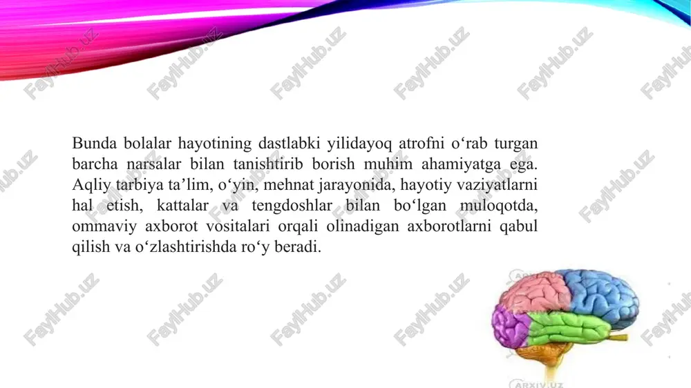 ta ahamiyat kasb etadi. olima rahbarligida 1950 yillarda ilmiy - tadkiqot ishlari olib borilib bolalar bog‘chasi har bir yoti guruhining ta’lim-tarbiya ishlari mazmuni, metod va usullari ishlab chiqildi. bu o‘tkazilgan ishlar ta’limning tarbiyaviy ishdan farqini aniq belgilab berdi. shaxs rivojlanishida aqliy tarbiya quyidagi jihatlar orqali namoyon bo‘ladi: bilimlarni mustahkamlash: o‘quv jarayonida olingan bilimlarni amaliyotda qo‘llash ko‘nikmasi shakllanadi. mustaqil fikrlashni rivojlantirish: o‘quvchi o‘z fikrini asoslay olishni, tahlil qilishni va xulosa chiqarishni o‘rganadi. ijodkorlikni oshirish: yangilik yaratish, muammoga noodatiy yondashish qobiliyati ortadi. mas’uliyat va diqqatni kuchaytirish: inson o‘z qarorlariga mas’ul bo‘lishni o‘rganadi. aqliy tarbiya jarayonida o‘qituvchi va ota-onalarning o‘rni beqiyosdir. ular bola tafakkurini rivojlantiruvchi mashg‘ulotlar, muloqotlar va o‘yinlar orqali aqliy faoliyatni faollashtiradilar. umuman olganda, aqliy tarbiya shaxsning intellektual salohiyatini oshirish, ijtimoiy faol, mustaqil fikrlovchi va ongli fuqaroni shakllantirishning asosiy vositasi hisoblanadi. shu bois, har bir ta’lim bosqichida aqliy tarbiya jarayoniga alohida e’tibor qaratish zarur. xulosa: aqliy tarbiya insonning fikrlash, tushunish va bilish …
