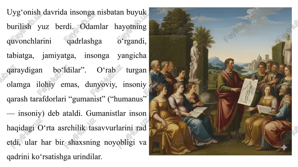 stronomiyaning nazariy asoslarini yaratdi, butun olam tortishish qonunini ishlab chiqdi, ko‘zguli teleskopni kashf qildi. ingliz olimi jon lokk (1632–1704) falsafaning rivojlanishiga katta hissa qo‘shdi. j. lokkning asosiy xizmati shundan iboratki, u insonning tabiiy huquqlari: yashash, erkinlik va mulk huquqlari haqidagi ta’limotni yaratdi. u, shuningdek, hokimiyatni bo‘lish — ijro hokimiyatini qonun chiqaruvchi hokimiyatdan ajratish haqidagi ta’limotni ham ishlab chiqdi. xvi–xviii asrlarda yevropada yangi davr madaniyati shakllandi. san’at va fan jadal rivojlandi. angliya burjua inqilobi, shimoliy amerikada mustaqillik uchun kurash, fransuz inqilobi jarayonlarida paydo bo‘lgan kishilarning ozodligi va tengligi haqidagi g‘oyalar yana uzoq vaqt ko‘plab xalqlar kurashining mazmuniga aylandi. darsdagi faol ishtirokingiz uchun rahmat. image1.png image2.png image3.png image4.png image5.png image6.png image7.png image8.png image9.png image10.png image11.png image12.png image13.png image14.png image15.png image16.png image17.png image18.png image19.png image20.png image21.png image22.png /docprops/thumbnail.jpeg