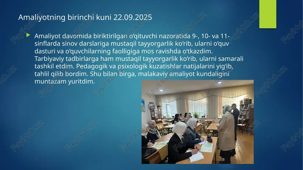 omida biriktirilgan o‘qituvchi va boshqa tajribali o‘qituvchilarning darslarida qatnashib, ularni davlat ta’lim standarti (dts) va o‘quv dasturi asosida tahlil qildim. shuningdek, darsdan tashqari o‘tkaziladigan tadbirlarda ishtirok etib, ularning samaradorligini baholadim. “bumerang” metodi asosida dars ishlanmasini tayyorlab, o‘quvchilarning faol ishtirokini ta’minlab dars o‘tkazdim. barcha bajarilgan ishlar va kuzatishlarni tizimli ravishda qayd etish maqsadida malakaviy amaliyot kundaligini muntazam yuritdim. amaliyotning o’n birinchi kuni 4.10.2025 amaliyot davomida biriktirilgan o‘qituvchi nazoratida 9-, 10- va 11-sinflarda sinov darslariga mustaqil tayyorgarlik ko‘rdim. shuningdek, tarbiyaviy tadbirlarga ham tayyorgarlik ko‘rib, ularni faol ishtirok bilan o‘tkazdim. pedagogik va psixologik kuzatishlar olib borib, o‘quvchilarning darsdagi faolligi va o‘qituvchining metodik uslublarini tahlil qildim. barcha ishlarni tizimli qayd etish maqsadida malakaviy amaliyot kundaligini muntazam yuritdim. amaliyotning o’n ikkinchi kuni 6.10.2025 amaliyot davomida biriktirilgan o‘qituvchi nazoratida 9-, 10- va 11-sinflarda sinov darslariga mustaqil tayyorgarlik ko‘rib, ularni o‘quvchilarning faolligi va o‘quv dasturi talablari asosida o‘tkazdim. tarbiyaviy tadbirlarga ham tayyorgarlik ko‘rib, ularni samarali o‘tkazishga va …
