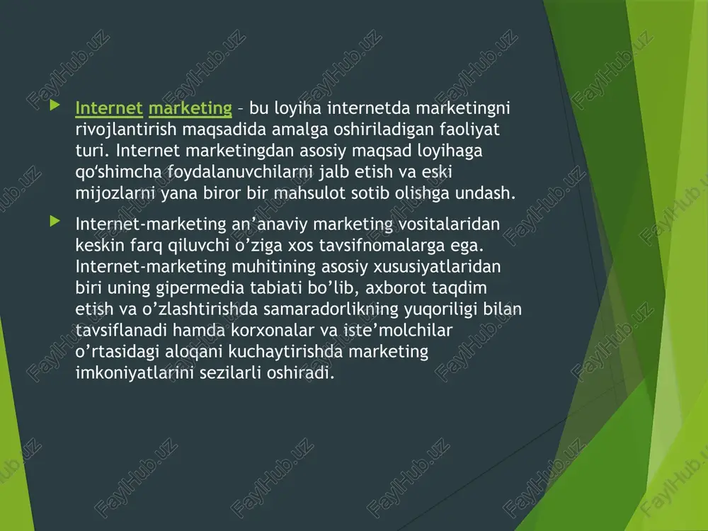 ti dinamikasini kuzatish, ya’ni atrof-muhitning rejalashtirish xarakteri va tendentsiyalari biznesni yuritishga ijobiy ta’sir ko’rsatishi yoki uning oldiga to’siqlar qo’yishini kuzatishni ta’minlashi lozim. tadbirkorlik muhitini tahlil qilish va baholashda avvalo quyidagi omillar hisobga olinishi lozim: iqtisodiy reallik – ichki milliy mahsulot, dispersion daromad, ya’ni ayni paytda erishilgan turmush darajasi; ijtimoiy omillar – aholi tarkibi, qadriyatlar, raqobat, tendentsiyalar; texnik rivojlanish darajasi – texnik taraqqiyot, bozorning texnik taraqqiyotni sezuvchanligi; huquqiy-normativ muhit – qonunchilik, normativ hujjatlar. marketing rejasini ishlab chiqishda ishlab chiqarishni bozor talablariga maksimal moslashtirishni, qo’l ostidagi mavjud vositalar (mahsulot sifati, reklama, servis va x.k.) yordamida bozor va iste’molchilarga faol ta’sir o’tkazishni ta’minlash zarurdir. korxona o’z mahsulotini iste’molchigacha etkazishga qobiliyatli ekanini ko’rsatish kerak. biznes-rejani ishlab chiqish jarayonida marketing rejasi mufassal ishlab chiqishni talab qiladigan ko’plab savollarni yoritishni talab qiladi. lekin barcha savollarni rasmiy biznes-rejaga kiritish zarur emas. mazkur bo’limga biznes-rejaning maqsadlaridan kelib chiqib, rejalashtirilayotgan marketing faoliyatining asosiy (eng qiziqarli) holatlarini kiritish maqsadga muvofiq. …