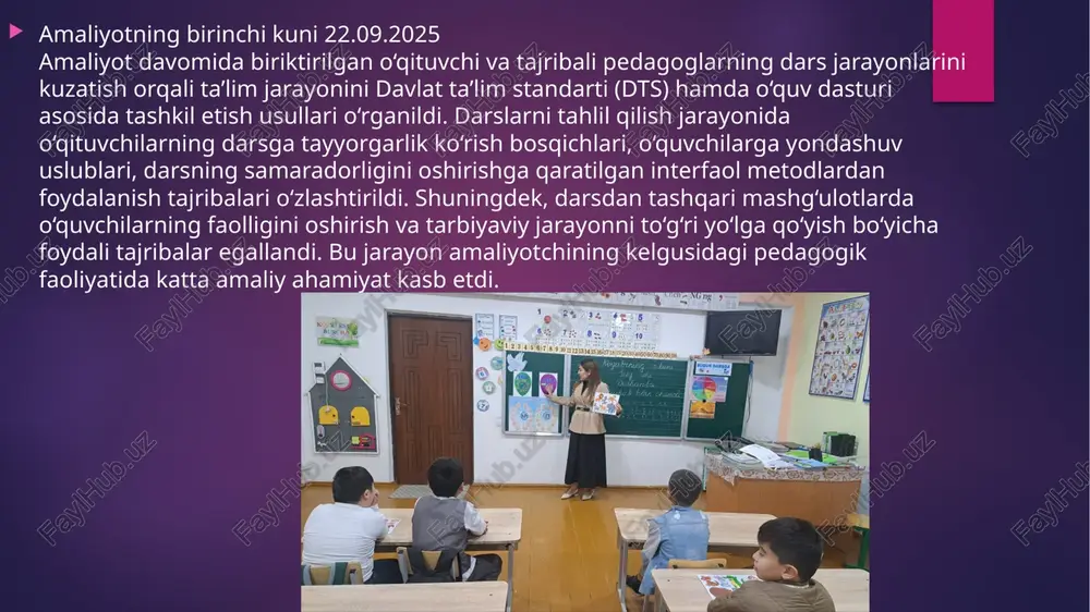 ama qilindi. o‘quvchilar o‘z qiziqishlarini aniqlash uchun psixologik testlardan o'tdilar. mashg‘ulot yakunida kasb tanlashda muhim bo‘lgan shaxsiy sifatlar va qobiliyatlar haqida tavsiyalar berildi. amaliyotning o’n birinchi kuni 4.10.2025 “bumerang” metodi yordamida dars ishlanmasini tayyorlash jarayonida interfaol metodlardan foydalanish, o‘quvchilarning mustaqil fikrlash va faol ishtirokini rag‘batlantirish ko‘nikmalari shakllantirildi. ushbu metod darsni rejalashtirish, savol-javob va muhokama shakllarini samarali qo‘llash imkonini berdi hamda o‘quvchilarning mavzuni chuqurroq o‘zlashtirishiga xizmat qildi. amaliyotning o’n ikkinchi kuni 6.10.2025 malakaviy amaliyot kundaligini yuritish jarayonida barcha bajarilgan darslar, darsdan tashqari tadbirlar va kuzatuv natijalari tizimli ravishda qayd etildi. kundalik amaliyotchi uchun o‘z faoliyatini rejalashtirish, tahlil qilish va baholash, shuningdek, pedagogik tajribani hujjatlashtirish ko‘nikmalarini rivojlantirish imkonini berdi. amaliyotning o’n uchinchi kuni 7.10.2025 "odam—odam" tizimida kasblar sohasiga oid kasblar bo‘yicha “kasbiy bilim va maslahat oyligi”ni o‘tkazdim. ushbu tadbir davomida o‘quvchilarga turli kasblar haqida ma’lumot berildi, ularning qiziqishlari o‘rganildi va kasb tanlash bo‘yicha maslahatlar berildi.shuningdek, “psixolog o‘zi kim?” mavzusida suhbat tashkil etdim. …