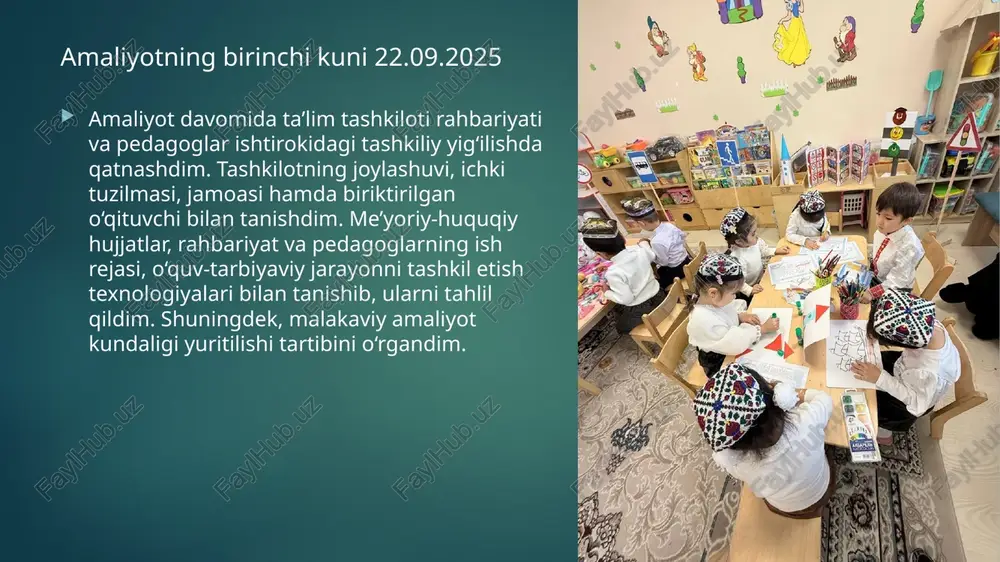 va boshqa tajribali o‘qituvchilarning darslarida qatnashib, ularni davlat ta’lim standarti (dts) va o‘quv dasturi asosida tahlil qildim. shuningdek, darsdan tashqari o‘tkaziladigan tadbirlarda ishtirok etib, ularning samaradorligini baholadim. “bumerang” metodi asosida dars ishlanmasini tayyorlab, o‘quvchilarning faol ishtirokini ta’minlab dars o‘tkazdim. barcha bajarilgan ishlar va kuzatishlarni tizimli ravishda qayd etish maqsadida malakaviy amaliyot kundaligini muntazam yuritdim. amaliyotning o’n birinchi kuni 4.10.2025 amaliyot davomida biriktirilgan o‘qituvchi nazoratida 9-, 10- va 11-sinflarda sinov darslariga mustaqil tayyorgarlik ko‘rdim. shuningdek, tarbiyaviy tadbirlarga ham tayyorgarlik ko‘rib, ularni faol ishtirok bilan o‘tkazdim. pedagogik va psixologik kuzatishlar olib borib, o‘quvchilarning darsdagi faolligi va o‘qituvchining metodik uslublarini tahlil qildim. barcha ishlarni tizimli qayd etish maqsadida malakaviy amaliyot kundaligini muntazam yuritdim. amaliyotning o’n ikkinchi kuni 6.10.2025 amaliyot davomida biriktirilgan o‘qituvchi nazoratida 9-, 10- va 11-sinflarda sinov darslariga mustaqil tayyorgarlik ko‘rib, ularni o‘quvchilarning faolligi va o‘quv dasturi talablari asosida o‘tkazdim. tarbiyaviy tadbirlarga ham tayyorgarlik ko‘rib, ularni samarali o‘tkazishga va o‘quvchilarning faol ishtirokini …