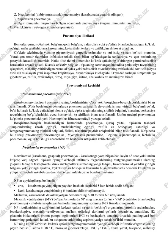 dan-to'g'ri alveolalarga yetib borishi yoki terminal bronxiolalarga joylashishi va qulay sharoitlarda intensiv ravishda ko'payishi mumkin. alveolalarga kiradigan patogenlar o'pka to'qimalarining seroz shishini keltirib chiqaradi. ba'zi hollarda yuzaga keladigan bronxlarning obstruktsiyasi atelektazga olib kelishi mumkin. qon tomirlarining o'tkazuvchanligi oshishi tufayli mikrosirkulyatsiya buzilishi sodir bo'ladi. qonning koagulyatsion xususiyatlarining oshishi, fibrin hosil bo'lishi, fermentativ va ferment bo'lmagan fibrinolizning zararli ta’siri mavjud. yallig'lanish joyida tomir ichiga qon ivishi, mikrotromblar va mikroemboliyalar paydo bo'ladi. mikrob aerozolini ingalatsiyalash pnevmoniyaning kamroq tarqalgan usuli hisoblanadi. pastki nafas yo'llarini legionella kabi majburiy patogenlar bilan yuqtirishda katta rol o'ynaydi . nozokomial pnevmoniya nozokomial pnevmoniyaning rivojlanishida sanab o'tilgan omillardan tashqari infektsiyaning uzoq o'chog'idan gematogen yo'l bilan tarqalishi, shuningdek patogenlarning endotraxeal naycha orqali yoki tibbiyot xodimlaridan nafas yo'llariga to'g'ridan-to'g'ri kirib borishi muhim rol o'ynaydi. nafas olish yo'llarida endotraxeal trubaning mavjudligi ko'plab himoya mexanizmlarini buzadi: shilliq qavatni tozalash va yo'tal orqali bronxial sekretsiyani ajratishni murakkablashtiradi, traxeya epiteliy qoplamining yaxlitligini buzadi va mikroorganizmlarning o'pkani …