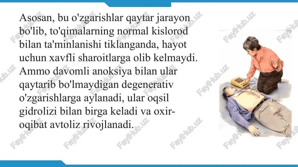 tma bilan birga qo’llaniladi. 💊 noradrenalin– 2 ml 0.2% eritmasi, 400 ml fiziologik eritma bilan birgalikda. 💊 atropin–1.0 ml 0.1% eritmasi, har 3-5 minutda, klinik tasir olguncha. ⚠️ 3 mg dan oshmasligi kerak!. 💊 lidokain (ekstrasistoliyada) – boshlang’ich doza 80-120 mg (1-1.5 mg/kg). medikamentoz vositalar va infusion terapiya. ii bosqich e (ecg) qon aylanishi to’xtashini sababini aniqlash maqsadida elektrokardiografiya qo’llaniladi. elektrokardioskopiya va kardiografiya 3 turdagi sabab qon aylanishini to’xtatadi: ✅ asistoliya (ekg da izoliniya) ✅ qorinchalar fibrillyatsiyasi ✅ elektromexanik dissotsiatsiya 🔷️ qorincha fibrilatsiyasi uchun yurak faoliyatini tiklashning samarali vositasi – elektrik defibrillyatsiya. tavsiya etiladi 200, 360 dj (4500 va 7000 v). 🔷️ qorincha fibrilatsiyasi 3-razryaddan keyin kordaron 300 mg boshlang'ich dozada yuboriladi.(20ml fiziologik eritma yoki 5% glukoza eritmasi bilan), qayta –150 mg ( maksimum 2 gr gacha). 🔷️ kardaron yo’q bo’lsa lidokain kiritiladi– 1-1,5 mg/kg har 3-5 minut 3 mg/kg summar dozagacha. 🔷️ soda (4% - 100 ml) faqat og'ir …