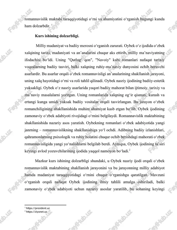 hali ham batafsil tadqiq qilishni talab qiladi. oybek ijodi bo‘yicha ilk tadqiqotlar. oybekning adabiy merosi o‘tgan asrning 50–60-yillaridan boshlab adabiyotshunos olimlar tomonidan o‘rganila boshlandi. a. qahhor, o. sharafiddinov, i. g‘afurov kabi adabiyotshunoslar oybek ijodiga nazariy baho berib, uning o‘zbek adabiyoti rivojidagi o‘rnini ko‘rsatib berdilar. ularning tadqiqotlarida asosan oybekning romanlari g‘oyaviy mazmuni, tarixiy voqealarni aks ettirish mahorati va milliy ongni shakllantirishdagi roli tahlil qilingan. "qutlug‘ qon" romanining ilmiy o‘rganilishi. oybekning “qutlug‘ qon” romani o‘zbek romanchiligida inqilobiy voqea bo‘lgan. ushbu roman tarixiy voqealar, milliy madaniyat va xalqning kurash ruhi aks ettirilishi bilan milliy romannavislikning klassik namunalaridan biriga aylangan. mazkur asar bo‘yicha a. madrahimov, m. qurbonov kabi olimlar o‘z tadqiqotlarida uning g‘oyaviy-badiiy jihatlarini tahlil qilganlar. roman kontekstida xalqning azob-uqubatlari va umidlari aks ettirilganligi alohida ta’kidlangan. oybekning “navoiy” romani tarixiy roman janrining mukammal namunasi sifatida ko‘plab ilmiy tadqiqotlarda tahlil qilingan. ushbu asarda navoiy obrazini yaratish orqali adib nafaqat tarixiy shaxsning ichki dunyosini yoritgan, balki …