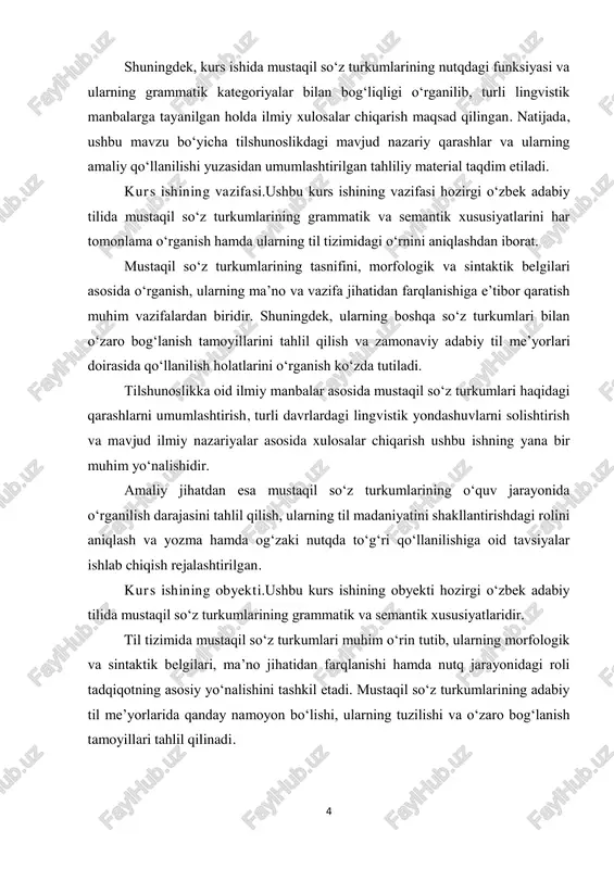 aqidagi ilmiy qarashlar, grammatik nazariyalar va lingvistik tadqiqotlar asosida xulosalar chiqarish ham asosiy yo„nalishlardan biri hisoblanadi. kurs ishining metodologik asoslari .ushbu kurs ishining metodologik asoslari tilshunoslikning nazariy va amaliy tadqiqot usullari hamda zamonaviy lingvistik yondashuvlarga tayangan holda belgilangan. tadqiqot jarayonida taqqoslash, tahlil va sintez kabi lingvistik usullar qo„llanilib, mustaqil so„z turkumlarining grammatik va semantik xususiyatlari chuqur o„rganiladi. struktur va funksional yondashuv asosida so„z turkumlarining til tizimidagi o„rni, ularning shakllanishi va rivojlanish jarayonlari tahlil qilinadi. deskriptiv usul orqali mustaqil so„z turkumlarining o„zbek adabiy tilida qo„llanilishi tavsiflanadi. tarixiy-taqqosiy usul yordamida esa ushbu so„z turkumlarining taraqqiyot bosqichlari, ularning o„zgarish dinamikasi hamda turli davrlardagi lingvistik qarashlar bilan bog„liqligi o„rganiladi. tadqiqot davomida o„zbek tilshunosligi bo„yicha ilmiy adabiyotlar, grammatik tadqiqotlar va nazariy manbalarga asoslangan holda umumlashtirilgan tahliliy xulosalar chiqariladi. 6 i bob. mustaqil so‘z turkumlarining nazariy asoslari 1.1. mustaqil so‘z turkumlari tushunchasi va ularning xususiyatlari mustaqil so„z turkumlari til tizimida muhim o„rin egallab, gap tarkibida mustaqil …