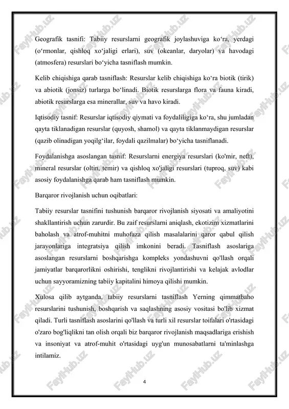 ovonligi uchun zarur bo'lgan ekotizim xizmatlarini qo'llab-quvvatlaydi. ijtimoiy ahamiyat: - tabiiy resurslar insonning oziq-ovqat, suv, boshpana va energiya kabi asosiy ehtiyojlarini qondirish uchun zarurdir. - tabiiy resurslardan foydalanish ijtimoiy tenglikka, turmush tarziga va hayot sifatiga, ayniqsa, qishloq va chekka jamoalarda ta'sir qiladi. - madaniy va dam olish faoliyati tabiiy resurslarga bog'liq bo'lib, inson farovonligi va ma'naviy barkamolligiga hissa qo'shadi. energiya xavfsizligi va barqarorligi: - tabiiy resurslar energiyaning asosiy manbalari bo'lib xizmat qiladi, jumladan, qazib olinadigan yoqilg'i, qayta tiklanadigan energiya va yadro energiyasi. - energiya xavfsizligi va barqarorligi energiya resurslarining mavjudligi, foydalanish imkoniyati va atrof-muhitga ta'siri bilan bog'liq muhim masalalardir. - barqaror energiya manbalariga o'tish iqlim o'zgarishini yumshatish, ifloslanishni kamaytirish va uzoq muddatli energiya xavfsizligini ta'minlash uchun zarurdir. qiyinchiliklar va xavotirlar: ahamiyatiga qaramay, tabiiy resurslar haddan tashqari ekspluatatsiya, ifloslanish, yashash muhitining buzilishi va iqlim o'zgarishi kabi ko'plab muammolarga duch kelmoqda. xulosa: tabiiy resurslar insoniyat tsivilizatsiyasining asosi bo'lib, zarur tovarlar, xizmatlar va …