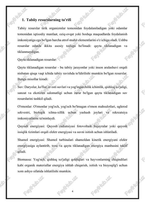 n asos yaratadi. daryolar, ko'llar va er osti suv manbalaridan toza suv ichish, sanitariya va gigiena uchun ajralmas hisoblanadi. bundan tashqari, yog'och va minerallar kabi tabiiy resurslar boshpana va infratuzilmani qurishda ishlatiladi. iqtisodiy rivojlanish: tabiiy resurslar iqtisodiy rivojlanishning asosi bo'lib xizmat qiladi, sanoatni xomashyo bilan ta'minlaydi, energiya ishlab chiqarishni yonilg'i bilan ta'minlaydi va ish joylarini yaratadi. tog'-kon, o'rmon xo'jaligi, qishloq xo'jaligi va ishlab chiqarish kabi tarmoqlar ishlab chiqarish jarayonlari uchun asosiy manba sifatida tabiiy resurslarga tayanadi. bundan tashqari, tabiiy resurslarni qazib olish va qayta ishlash, ayniqsa, resurslarga boy mintaqalarda milliy daromad va iqtisodiy o'sishga yordam beradi. energiya ishlab chiqarish: tabiiy resurslar dunyoning energiya ehtiyojlarini qondirishda markaziy rol o'ynaydi. qazib olinadigan yoqilg'ilar (ko'mir, neft, tabiiy gaz) elektr energiyasini ishlab chiqarish, tashish, isitish va sanoat jarayonlari uchun asosiy energiya manbalari hisoblanadi. quyosh, shamol, gidroelektr va biomassa kabi qayta tiklanadigan energiya manbalari ham qazib olinadigan yoqilg'ilarga toza va barqaror muqobillarni taklif qilib, global …