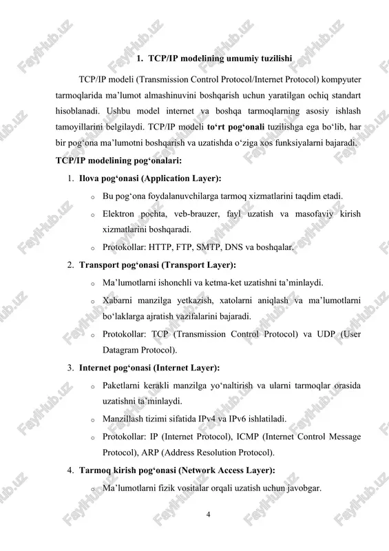 ib qayta yig‘iladi. 6. sessiyalarni boshqarish (session management): · uzoq muddatli aloqalarni boshqaradi va bir nechta ilovalar o‘rtasidagi sessiyalarni ajratib beradi. · tcp sessiyalarni o‘rnatish (handshake) va yakunlash jarayonlarini amalga oshiradi. transport pog‘onasida ishlatiladigan asosiy protokollar: 1. tcp (transmission control protocol): · ishonchli, ketma-ket va xatolarsiz ma’lumot uzatishni ta’minlaydi. · elektron pochta, veb-brauzer kabi xizmatlar uchun ishlatiladi. 2. udp (user datagram protocol): · ishonchlilikni kafolatlamaydi, lekin tezkor ma’lumot uzatishni ta’minlaydi. transport pog‘onasining ahamiyati: · transport pog‘onasi ilovalar va tarmoq qurilmalari o‘rtasida samarali ma’lumot almashinuvini ta’minlaydi. · u tarmoq yuklanishini boshqarib, ishonchli uzatishni kafolatlaydi. · ma’lumotlarni ketma-ket yetkazib, foydalanuvchilarga tarmoq xizmati sifati yuqori bo‘lishini ta’minlaydi. transport pog‘onasi tcp/ip modelining o‘ziga xos asosiy qismi bo‘lib, tarmoq orqali ma’lumotlarning ishonchli va samarali uzatilishini boshqaradi. uning vazifalari xatolarni tuzatish, ma’lumotlarni boshqarish va aloqa sessiyalarini tartibga solishga qaratilgan. ushbu pog‘ona ilovalar va tarmoqlar o‘rtasida barqaror bog‘lanishni ta’minlashda muhim rol o‘ynaydi. 3. marshruting protokollari va ularning …