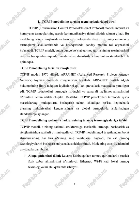 . u tarmoqni kengaytirish, yangi qurilmalar qo‘shish va mavjud tarmoqni optimallashtirish imkoniyatlarini taqdim etadi. 4. tarmoq xavfsizligini ta'minlash: tcp/ip modelida xavfsizlik qatlamlari mavjud bo‘lib, bu tarmoqda ma'lumotlarni shifrlash va himoya qilishni ta'minlaydi. vpn (virtual private network) kabi texnologiyalar, tcp/ip modelining xavfsizlik imkoniyatlaridan foydalanadi. 5. innovatsiyalar va rivojlanish: tcp/ip modeli yangi texnologiyalar va protokollarni qo‘llab-quvvatlashga qodir. ipv6, qos (quality of service) va iot (internet of things) kabi innovatsiyalar tcp/ip asosida rivojlanmoqda va ularni integratsiyalash uchun keng imkoniyatlar yaratmoqda. tcp/ip modeli tarmoq texnologiyalarining rivojlanishiga bevosita ta'sir ko‘rsatgan va hozirgi kunda internetda foydalaniladigan asosiy protokollarni tashkil etadi. uning qatlamli strukturasining samarali ishlashi tarmoq qurilmalarini bir-biriga bog‘lash, global tarmoqlarni yaratish va boshqarishni osonlashtiradi. tcp/ip modeli yordamida internetni kengaytirish, tarmoq xavfsizligini ta'minlash va yangi texnologiyalarni qo‘llab-quvvatlash imkoniyatlari yuzaga kelgan. shunday qilib, tcp/ip modeli tarmoq texnologiyalarining yirik poydevori sifatida hal qiluvchi ahamiyatga ega. 2. ipv4 va nat (network address translation) ipv4 (internet protocol version 4) ipv4, …