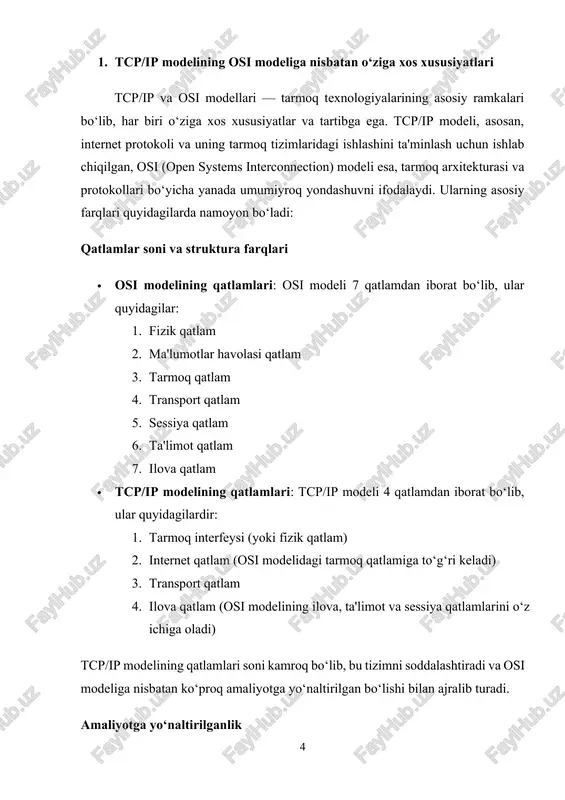 atijalar beradi. tcp/ip modeli va osi modeli o‘rtasidagi farqlar asosan qatlamlar soni, protokollarni qo‘llash va amaliyotga yaqinlikda ifodalanadi. tcp/ip modeli oddiy va amaliy yondashuvni taqdim etsa, osi modeli tarmoqning kengaytirilgan nazariy asosini yaratadi. tcp/ip modeli internetda va boshqa real tarmoqlarda samarali ishlash uchun optimallashtirilgan, osi esa kengroq ilmiy nazariy yondashuvni ifodalaydi. har ikkala model ham o‘z o‘rnida muhim bo‘lib, turli tarmoq arxitekturasi va dizaynida foydalaniladi. 2. tarmoq pog‘onasi (network layer) funksiyalari tarmoq pog‘onasi (network layer) tarmoq modelining asosiy qismlaridan biri bo‘lib, turli tarmoq qurilmalari orasidagi ma'lumotlar uzatishni ta'minlash va marshrutlashni boshqaradi. bu qatlam, asosan, ma'lumotlarni to‘g‘ri manzilga yetkazib berish uchun javobgardir. tcp/ip modelida tarmoq pog‘onasi, osi modelidagi "tarmoq qatlam"iga to‘g‘ri keladi. ushbu qatlamning asosiy vazifalari va funksiyalari quyidagicha: marshrutlash (routing): tarmoq pog‘onasi asosan ma'lumot paketlarini to‘g‘ri manzilga yetkazish uchun marshrutlashni amalga oshiradi. marshrutlash — bu ma'lumot paketlarining tarmoq bo‘ylab, turli marshrutlar orqali manzilga yetkazilishini ta'minlovchi jarayon. tarmoq pog‘onasi quyidagi asosiy …