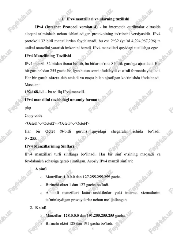 pv4 ning o‘rnini bosishga mo‘ljallangan. ipv4 protokoli 32-bitli manzillardan foydalanadi, bu esa faqat 4,294,967,296 ta unikal manzilni taqdim etadi. internetning o‘sishi, qurilmalar sonining ortishi va ip manzillarga bo‘lgan ehtiyojning oshishi tufayli, ipv4 manzillari juda tez tugab qoldi. shuning uchun ipv6 protokoli ishlab chiqildi, u kattaroq manzil makonini taqdim etadi va ko‘plab cheklovlarni bartaraf etadi. ipv6 manzilining tuzilishi ipv6 manzili 128 bitli uzunlikka ega bo‘lib, bu esa 2^128 (yoki taxminan 3.4 × 10^38) ta unikal manzilni taqdim etadi. bu ipv6 ning eng katta afzalliklaridan biri bo‘lib, juda katta manzil makonini yaratadi. ipv6 manzili 8 ta 16-bitli guruh (bloklar) ga bo‘linadi, va har bir blokni g‘ishtli yozuv (hexadecimal) formatida ifodalanadi. har bir blok 4 ta raqamli yoki harfli belgidan tashkil topadi va har bir blok nuqta bilan ajratiladi. ipv6 manzilining ko‘rinishi quyidagicha bo‘ladi: makefile copy code 2001:0db8:85a3:0000:0000:8a2e:0370:7334 agar manzilda boshdagi nol raqamlar mavjud bo‘lsa, ular o‘chirilishi mumkin. shuningdek, ketma-ket bo‘lgan "0000" qismlarini …