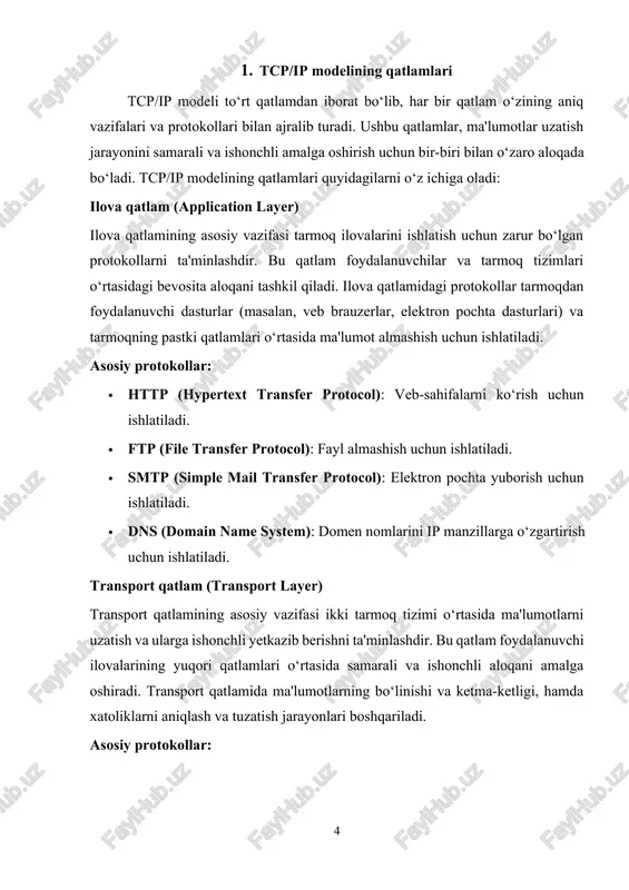 ir qatlamning o‘z vazifasi va roliga qarab, ma'lumotlar tarmoq orqali uzatiladi. ma'lumot uzatish jarayoni bir necha bosqichdan iborat bo‘lib, har bir bosqichda ma'lumotlar tegishli qatlam tomonidan qayta ishlanadi. quyida tarmoq pog‘onasi orqali ma'lumotlarni uzatish jarayonini batafsil ko‘rib chiqamiz: ma'lumotlarni uzatish bosqichi: yuqori qatlamdan boshlash 1. ilova qatlamidan boshlanish: ma'lumotlar avval ilova qatlamida hosil bo‘ladi. masalan, foydalanuvchi veb-sahifani ko‘rishni boshlasa, http protokoli orqali ma'lumot yuborish boshlanadi. ilova qatlamida foydalanuvchi tomonidan yuborilgan so‘rov yoki ma'lumotni aniq formatda tarmoq protokollariga tayyorlash amalga oshiriladi. bu bosqichda ma'lumotni uzatishning formatini belgilaydigan protokollar (masalan, http, smtp, ftp) ishlaydi. 2. transport qatlamiga o‘tish: ma'lumot ilova qatlamidan keyin transport qatlamiga o‘tadi. bu bosqichda, transport protokollari (tcp yoki udp) yordamida ma'lumotlarni bo‘lish, ketma-ketlikni nazorat qilish, va xavfsiz uzatishni ta'minlash jarayoni amalga oshiriladi. agar tcp ishlatilsa, ma'lumotlar tarmoqda xavfsiz va ishonchli tarzda uzatiladi, bu yerda paketlarning ketma-ketligi, tasdiqlash (acknowledgement), va xatoliklarni tuzatish mexanizmlari ishlaydi. 2.2. ma'lumotlarni tarmoq qatlamida yo‘naltirish 3. …