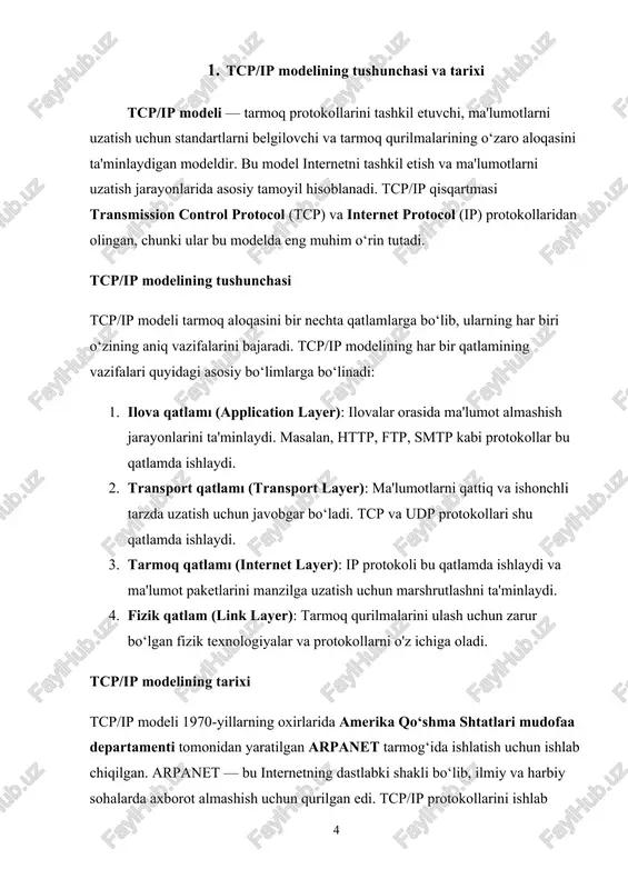 in tarmoq pog‘onasi tomonidan kichik paketlarga (framelarga) ajratiladi. bu paketlar fizik tarmoqqa uzatilishi uchun tayyorlanadi va ma'lumotlar almashinuvi davomida to‘g‘ri tartibda jo‘natiladi. · framing jarayonida har bir paketga boshqaruv ma'lumotlari (header) qo‘shiladi, masalan, manzil va uzatish ko‘rsatkichlari. 3. ma'lumotni marshrutlash (routing) · tarmoq pog‘onasi tizimi paketlarni manzilga to‘g‘ri yo‘naltirish uchun ishlatiladi. ular tarmoq qurilmalaridan o‘tib, to‘g‘ri manzilga yo‘naltiriladi. bu jarayon mac (media access control) manzillari asosida amalga oshiriladi. · ethernetda har bir qurilmaning o‘zining mac manzili bo‘lib, tarmoq pog‘onasi bu manzillarni ishlatadi. 4. xatoliklarni aniqlash va to‘g‘rilash (error detection and correction) · tarmoq pog‘onasi fizika qatlamida yuzaga kelgan xatoliklarni aniqlash va tuzatishda ham muhim rol o‘ynaydi. masalan, ethernet protokoli orqali uzatilgan paketlar crc (cyclic redundancy check) algoritmasi yordamida xatoliklarni tekshiradi. · agar paketda xatolik bo‘lsa, uni qayta yuborish uchun tizimga signal yuboriladi. 5. tarmoq resurslarini boshqarish (media access control) · tarmoq pog‘onasi resurslarni boshqarish va tarmoqni samarali ishlatish uchun access …