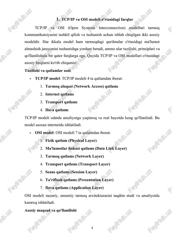 otokollarni, masalan, tcp, ip, udp, http, ftp va boshqalarni o'z ichiga oladi. bu protokollar internet tarmog‘ida faol ishlaydi va tarmoqni boshqarish uchun zarurdir. · osi model: osi modeli esa har bir qatlam uchun standart protokollarni aniqlashga yordam beradi, lekin ular amaliyotda tcp/ip kabi ishlovchi protokollarni aks ettirmaydi. tcp/ip va osi modellari tarmoq aloqalari va kommunikatsiyasini tashkil etishda asosiy yondoshuvlarni taqdim etadi. tcp/ip modeli amaliyotda keng qo‘llaniladigan, ishlash uchun optimallashtirilgan va real tizimlar bilan yaxshiroq moslashadi. osi modeli esa nazariy yondoshuv bo‘lib, tarmoq arxitekturasini tushunishga yordam beradi va o‘quv maqsadlarida keng ishlatiladi. har ikkala modelning o‘ziga xos afzalliklari bor va ular tarmoq texnologiyalari va protokollarini o‘rganishda muhim ahamiyatga ega. 2. ipv6 manzilining tuzilishi va afzalliklari ipv6 (internet protocol version 6) – bu internet protokolining yangi versiyasi bo‘lib, u ipv4 ning cheklangan manzil maydonini kengaytirishga mo‘ljallangan. ipv6 ning asosiy maqsadi internet tarmog‘idagi qurilmalar sonining oshishi, iot (internet of things) texnologiyalari va global …