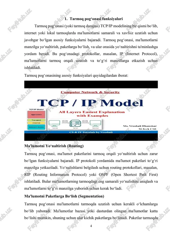 hlash prinsipi tarmoqning samarali va xavfsiz ishlashini ta'minlaydi. ipv4 manzilining tuzilishi ipv4 manzili 32-bit uzunlikdagi raqamdan iborat bo‘lib, to‘rt xil oktet (bayt)dan tashkil topgan. har bir oktet 8 bitdan iborat bo‘lib, u 0 dan 255 gacha bo‘lgan butun sonni ifodalashi mumkin. buning natijasida ipv4 manzili 0.0.0.0 dan 255.255.255.255 gacha bo‘lgan 4,294,967,296 (2^32) turli manzillarni o‘z ichiga oladi. ipv4 manzillari odatda nuqta bilan ajratilgan to‘rt raqam ko‘rinishida yoziladi. masalan: 192.168.0.1 — bu ipv4 manzilining oddiy ko‘rinishi. har bir oktetning qiymati 8 bitga teng bo‘lgani sababli, har bir raqam (0 dan 255 gacha) ikkilik (binary) formatida 8 bit sifatida ifodalanadi. misol uchun, 192.168.0.1 manzilining ikkilik ko‘rinishi quyidagicha bo‘ladi: · 192 → 11000000 · 168 → 10101000 · 0 → 00000000 · 1 → 00000001 ipv4 manzilining tarkibi ipv4 manzillari ikki asosiy qismga bo‘linadi: 1. tarmoq qismi (network part) – bu qism tarmoqni aniqlaydi va ma'lumotlarni to‘g‘ri tarmoqga yo‘naltirish uchun ishlatiladi. tarmoq qismi …