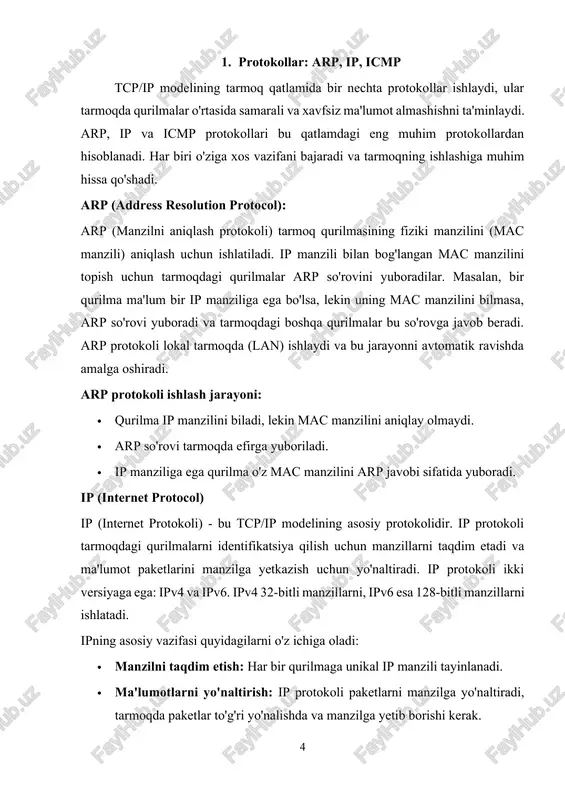 di va har bir oktet raqam bilan ifodalanadi (masalan, 192.168.1.1). ipv4 manzillari tarmoqdagi qurilmalarni unikal tarzda identifikatsiya qilish uchun ishlatiladi. ipv4 manzillarining tuzilishi va tarmoqdagi ulanishlarini yaxshilash uchun klasslar va subnetting (subtarmoqlarga ajratish) kabi tushunchalar muhim o'rin tutadi. ipv4 manzillarining klasslari ipv4 manzillari bir nechta klasslarga bo'linadi. har bir klass ma'lum bir manzillar oraliqlarini o'z ichiga oladi va bu manzillarni tarmoqning turli qismlari (masalan, maxsus tarmoqlar yoki umumiy tarmoqlar) uchun ajratish imkonini beradi. ipv4 manzillarining asosiy klasslari quyidagilardir: · klass a: · manzil oraliği: 1.0.0.0 – 127.255.255.255 · tarmoq prefixi: 8 bit (yoki /8) · tarmoqni tashkil etuvchi manzillar: 0.0.0.0 – 127.255.255.255 · klass a tarmog'ida birinchi bit "0" bo'ladi. bu klass 16 milliondan ortiq tarmoqdagi qurilmalarni qo'llab-quvvatlaydi va asosan katta tarmoqlar uchun mo'ljallangan. · misol: 10.0.0.0 (bu maxfiy yoki privat tarmoq manzili hisoblanadi). · klass b: · manzil oraliği: 128.0.0.0 – 191.255.255.255 · tarmoq prefixi: 16 bit (yoki /16) …