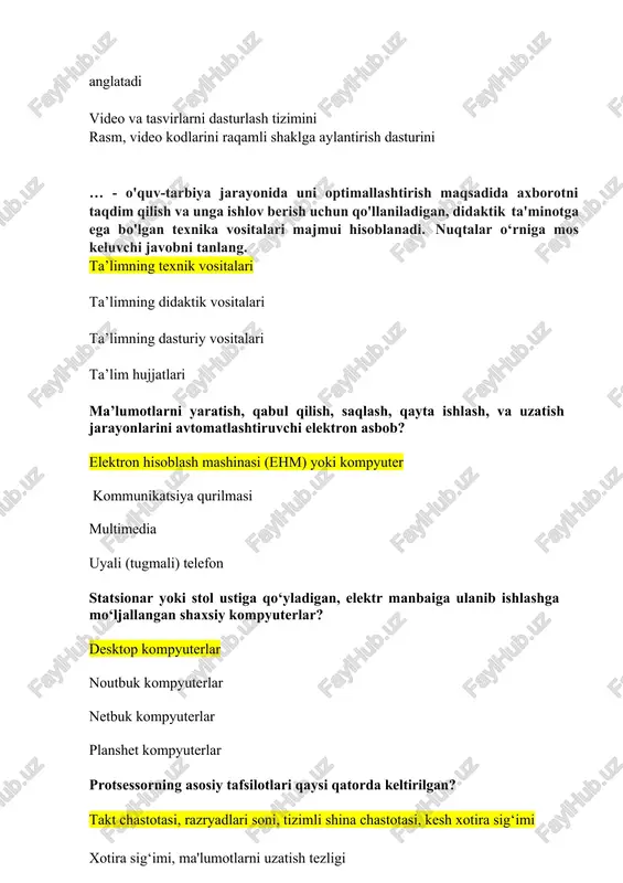 veb-kamera, plotter, videokarta printer, joystik, modem, skaner uncha katta boʻlmagan, vizual tasvirni yoritib beruvchi fotosurat, slaydlar, hujjatlarni asl nusxasining elektron tasvirini tez fursat ichida namoyon qilib beruvchi oddiy qurilma? hujjat-kamera smart mobil qurilma elektron doska activtable (interfaol stol) interaktiv doska - bu ... kompyuterdagi tasvirlarni proyektor orqali namoyish etadigan va elektron qalam yoki qoʻl barmoqlari yordamida kompyuterning grafik interfeysini boshqarish imkonini beruvchi ekran kompyuterdagi tasvirlarni namoyish etadigan sensorli ekrandir kompyuterdagi tasvirlarni proektor orqali namoyish etadigan monitordir kompyuterdagi tasvirlarni qayta ishlovchi monitordir 2- mavzu jamoat uchun qandaydir yangi, yaqinda yaratilgan ob’ekt, loyiha, shuningdek, auditoriyadagi tinglovchilar e’tiborlarini jalb qiladigan muayyan mavzu materiallarining tizimlashtirilgan, tartibli, yorqin va obrazli namoyishi nimaning asosida amalga oshiriladi? taqdimot kollaj buklet axborotnoma kpresenter dasturi yordamida taqdimot yaratish mumkinmi? ha yo'q taqdimotni yaratishning birinchi bosqichida taqdimot slaydlarini tayyorlash, tahrirlash va formatlash amalga oshiriladimi? ha yo'q taqdimot yaratish uchun namoyish oldidan slaydlar almashinuviga oid parametrlarni sozlash va taqdimotning repetitsiyasini o‘tkazish …