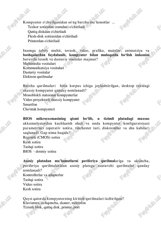 eb-kamera, plotter, videokarta printer, joystik, modem, skaner uncha katta boʻlmagan, vizual tasvirni yoritib beruvchi fotosurat, slaydlar, hujjatlarni asl nusxasining elektron tasvirini tez fursat ichida namoyon qilib beruvchi oddiy qurilma? hujjat-kamera smart mobil qurilma elektron doska activtable (interfaol stol) interaktiv doska - bu ... kompyuterdagi tasvirlarni proyektor orqali namoyish etadigan va elektron qalam yoki qoʻl barmoqlari yordamida kompyuterning grafik interfeysini boshqarish imkonini beruvchi ekran kompyuterdagi tasvirlarni namoyish etadigan sensorli ekrandir kompyuterdagi tasvirlarni proektor orqali namoyish etadigan monitordir kompyuterdagi tasvirlarni qayta ishlovchi monitordir 2-mavzu jamoat uchun qandaydir yangi, yaqinda yaratilgan ob’ekt, loyiha, shuningdek, auditoriyadagi tinglovchilar e’tiborlarini jalb qiladigan muayyan mavzu materiallarining tizimlashtirilgan, tartibli, yorqin va obrazli namoyishi nimaning asosida amalga oshiriladi? taqdimot kollaj buklet axborotnoma kpresenter dasturi yordamida taqdimot yaratish mumkinmi? ha yo'q taqdimotni yaratishning birinchi bosqichida taqdimot slaydlarini tayyorlash, tahrirlash va formatlash amalga oshiriladimi? ha yo'q taqdimot yaratish uchun namoyish oldidan slaydlar almashinuviga oid parametrlarni sozlash va taqdimotning repetitsiyasini o‘tkazish kerakmi? …