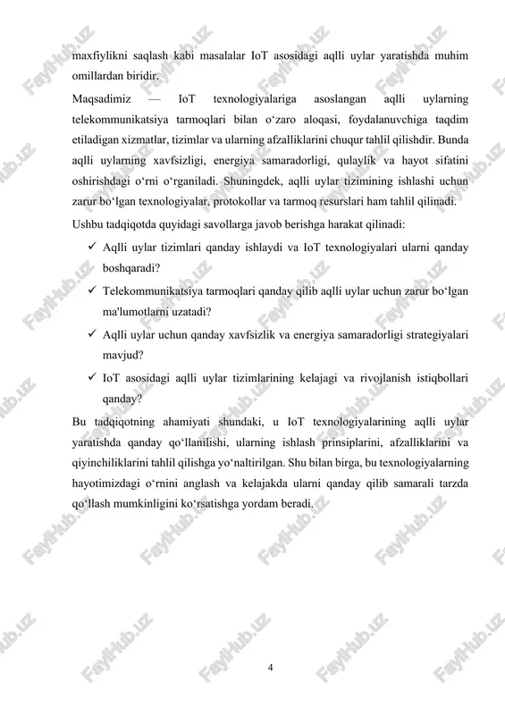 dalanuvchilarga tizimni boshqarish va monitoring qilish imkoniyatlarini taqdim etadi. iot texnologiyasining ishlash prinsiplari: iot texnologiyasining ishlash prinsipi oddiy: sensorlar qurilmasi yoki qurilmalari to‘plami, ular olingan ma'lumotni bir tarmoq orqali uzatadi va bu ma'lumotlar markaziy tizimga yetib boradi, u yerda ular tahlil qilinadi va kerakli qarorlar qabul qilinadi. misol uchun, aqlli uyda haroratni o‘lchovchi sensor xonadagi haroratni o‘lchaydi va uni internet orqali boshqaruv tizimiga yuboradi. agar harorat o‘zgarsa, tizim avtomatik ravishda isitish yoki sovutish tizimini yoqish yoki o‘chirishni amalga oshiradi. iot tizimlarining ishlashini bir nechta asosiy bosqichlarda tasavvur qilish mumkin: · ma'lumot yig‘ish: iot tizimlaridagi qurilmalar va sensorlar atrof-muhitni kuzatib, ma'lumotlarni yig‘adi. bu sensorlar o‘z ichiga harorat, namlik, harakat, yorug‘lik darajasi, havo sifati va boshqa parametrlarni o‘lchash imkonini beradi. · ma'lumot uzatish: yig‘ilgan ma'lumotlar internet tarmog‘i orqali uzatiladi. bu ma'lumotlar wi-fi, bluetooth, zigbee yoki 5g kabi tarmoqlar orqali yuboriladi. · ma'lumotlarni tahlil qilish: tarmoq orqali olingan ma'lumotlar bulutli platformalarga yoki markaziy …