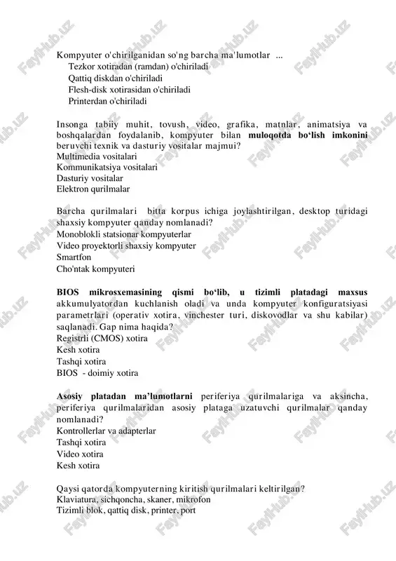 eb-kamera, plotter, videokarta printer, joystik, modem, skaner uncha katta boʻlmagan, vizual tasvirni yoritib beruvchi fotosurat, slaydlar, hujjatlarni asl nusxasining elektron tasvirini tez fursat ichida namoyon qilib beruvchi oddiy qurilma? hujjat-kamera smart mobil qurilma elektron doska activtable (interfaol stol) interaktiv doska - bu ... kompyuterdagi tasvirlarni proyektor orqali namoyish etadigan va elektron qalam yoki qoʻl barmoqlari yordamida kompyuterning grafik interfeysini boshqarish imkonini beruvchi ekran kompyuterdagi tasvirlarni namoyish etadigan sensorli ekrandir kompyuterdagi tasvirlarni proektor orqali namoyish etadigan monitordir kompyuterdagi tasvirlarni qayta ishlovchi monitordir 2-mavzu jamoat uchun qandaydir yangi, yaqinda yaratilgan ob’ekt, loyiha, shuningdek, auditoriyadagi tinglovchilar e’tiborlarini jalb qiladigan muayyan mavzu materiallarining tizimlashtirilgan, tartibli, yorqin va obrazli namoyishi nimaning asosida amalga oshiriladi? taqdimot kollaj buklet axborotnoma kpresenter dasturi yordamida taqdimot yaratish mumkinmi? ha yo'q taqdimotni yaratishning birinchi bosqichida taqdimot slaydlarini tayyorlash, tahrirlash va formatlash amalga oshiriladimi? ha yo'q taqdimot yaratish uchun namoyish oldidan slaydlar almashinuviga oid parametrlarni sozlash va taqdimotning repetitsiyasini o‘tkazish kerakmi? …