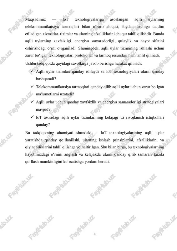 . ular foydalanuvchilarga tizimni boshqarish va monitoring qilish imkoniyatlarini taqdim etadi. 6 iot texnologiyasining ishlash prinsiplari: iot texnologiyasining ishlash prinsipi oddiy: sensorlar qurilmasi yoki qurilmalari to‘plami, ular olingan ma'lumotni bir tarmoq orqali uzatadi va bu ma'lumotlar markaziy tizimga yetib boradi, u yerda ular tahlil qilinadi va kerakli qarorlar qabul qilinadi. misol uchun, aqlli uyda haroratni o‘lchovchi sensor xonadagi haroratni o‘lchaydi va uni internet orqali boshqaruv tizimiga yuboradi. agar harorat o‘zgarsa, tizim avtomatik ravishda isitish yoki sovutish tizimini yoqish yoki o‘chirishni amalga oshiradi. iot tizimlarining ishlashini bir nechta asosiy bosqichlarda tasavvur qilish mumkin:  ma'lumot yig‘ish: iot tizimlaridagi qurilmalar va sensorlar atrof-muhitni kuzatib, ma'lumotlarni yig‘adi. bu sensorlar o‘z ichiga harorat, namlik, harakat, yorug‘lik darajasi, havo sifati va boshqa parametrlarni o‘lchash imkonini beradi.  ma'lumot uzatish: yig‘ilgan ma'lumotlar internet tarmog‘i orqali uzatiladi. bu ma'lumotlar wi-fi, bluetooth, zigbee yoki 5g kabi tarmoqlar orqali yuboriladi.  ma'lumotlarni tahlil qilish: tarmoq orqali olingan ma'lumotlar bulutli …