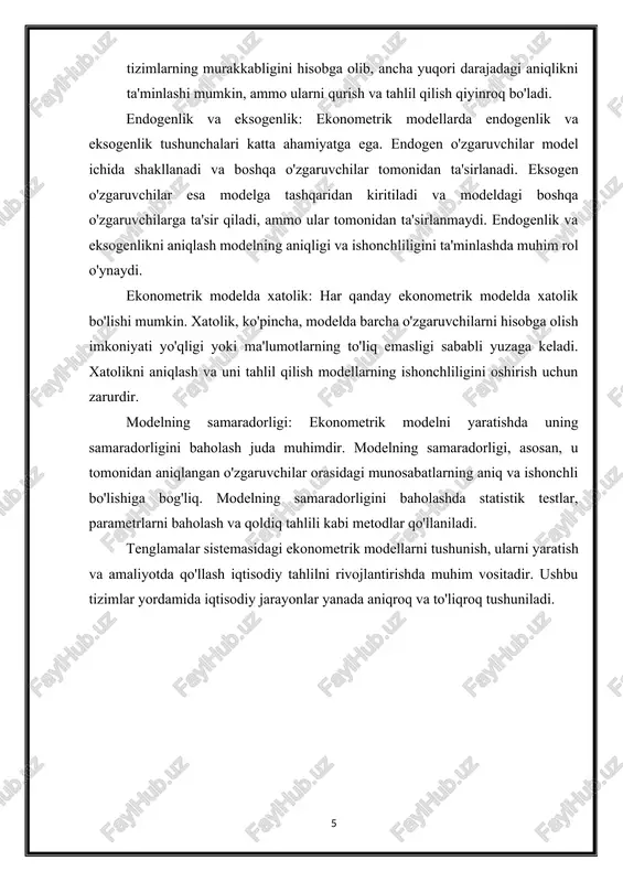 r qator usullari mavjud bo'lib, har bir usul iqtisodiy tizimni tahlil qilishning samaradorligini oshiradi. quyida ekonometrik modellarni qurishning asosiy nazariy usullari keltirilgan. linear modellarni qurish: linear modellar — iqtisodiy o'zgaruvchilar orasidagi chiziqli bog'lanishlarni ifodalovchi modellar hisoblanadi. bu modellar o'zgaruvchilar orasidagi aloqalarni oddiy matematik formulalar yordamida tavsiflashni ta'minlaydi. linear modellar qurishda, iqtisodiy tizimdagi o'zgaruvchilarni bir-biriga bog'lab, ular o'rtasidagi chiziqli munosabatlarni aniqlash maqsad qilinadi. ushbu usulda, o'zgaruvchilar orasidagi bog'lanishlarning soddaligi va hisoblashlarning osonligi bilan ajralib turadi. no-lineer modellarni qurish: no-lineer modellar — iqtisodiy tizimda o'zgaruvchilar orasidagi murakkab va chiziqli bo'lmagan aloqalarni ifodalovchi modellar hisoblanadi. ushbu modellar odatda, o'zgaruvchilar orasidagi bog'lanishlar chiziqli bo'lmaganda yoki tizimlar murakkab bo'lganda qo'llaniladi. no-lineer modellarda, o'zgaruvchilar orasidagi munosabatlar ko'proq dinamik va murakkab tarzda tavsiflanadi, bu esa ularni hisoblashda va tahlil qilishda qiyinchiliklar tug'diradi. biroq, no-lineer modellar ko'pincha aniqroq natijalar beradi, chunki ular iqtisodiy tizimning murakkabligini yaxshi aks ettiradi. instrumental o'zgaruvchilar metodi: ekonometrik modellarni qurishda endogenlik masalasi paydo bo'lishi …
